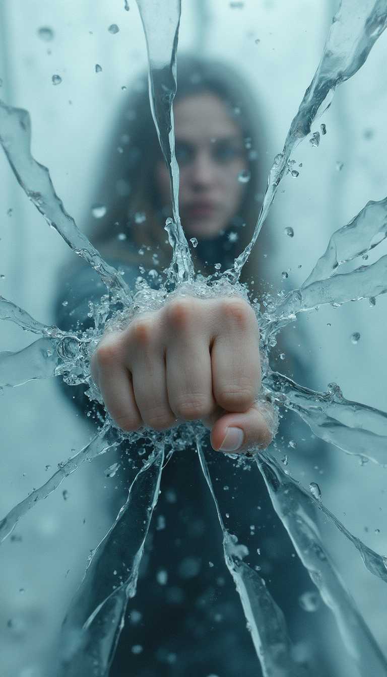 surreal art, an angry woman dramatically punches through a cracked ice curtain that covers the screen and separates her from the viewer. her faded figure facing the viewer and looking over her fist is obscured by the solid ice sheet. all that is visible is a close-up of her extended left arm and her fist breaking the ice apart with a thundering blow leaving behind motion trails. the entire image is covered in a thin sheet of ice except the area around the woman's fist. her knuckles appear bruised due to the impact  