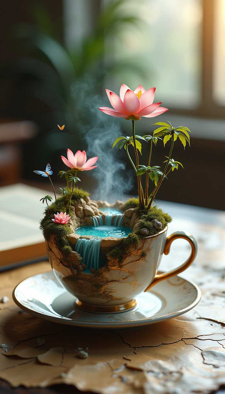 tilt-shift photo of best quality double exposure complex surreal painting on cracked paper, macro, microworld,  hyperdetailed,   insanely detailed, surreal, tiny genie spirit creature, flying oasis landscape placed inside a cup on the table in room. waterfall, lotus flowers,temple palms desert filigree, table cinematic, big eyes 32k, by Rockwell, WLOP Ryniac, Craola, Disney, van Gogh, highly detailed, intricated, intricated pose, high quality, centered, perfect composition.,
Selective focus, miniature effect, blurred background, highly detailed, vibrant, perspective control