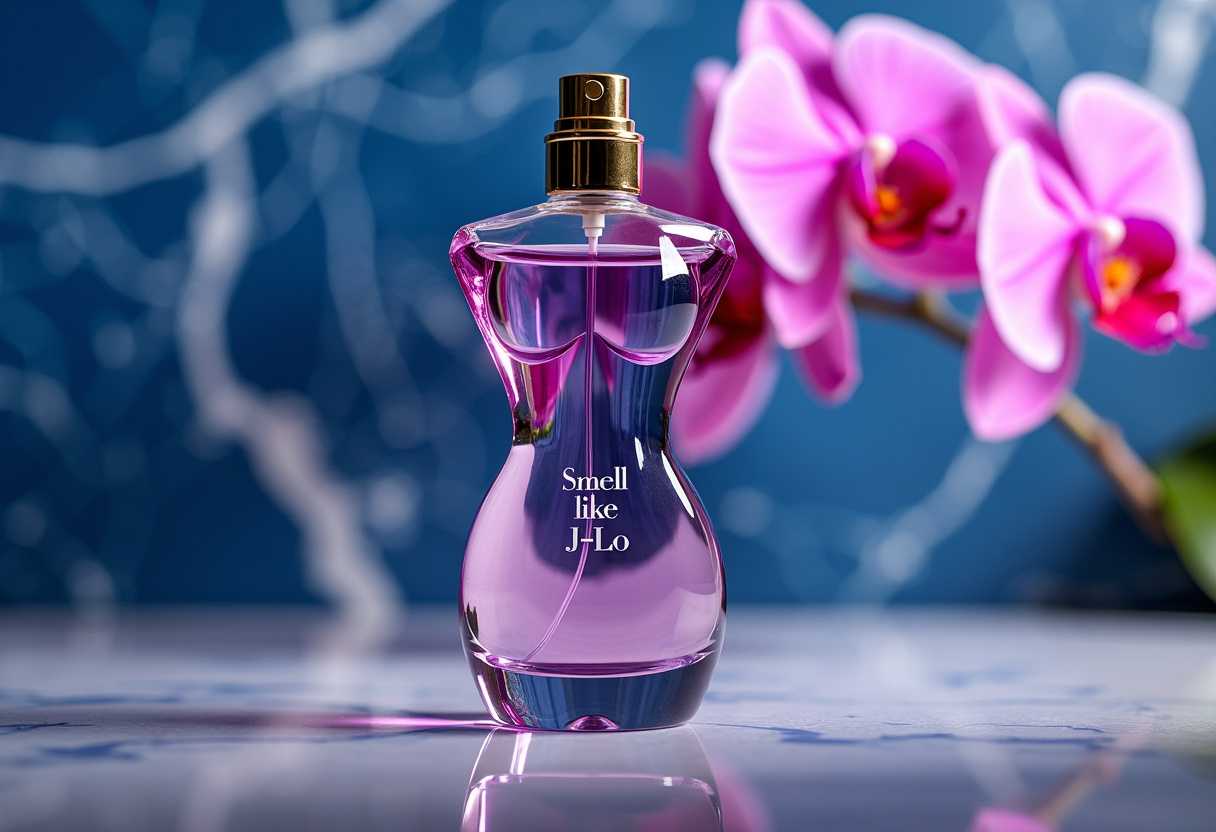 professional studio product photo, close up, perfume flacon in form of a female upper body made out of glass, transparent purple perfume inside, text label with the words "Smell like J-Lo", pinkt orchid in background, blue marbled wall, selective focus, bokeh