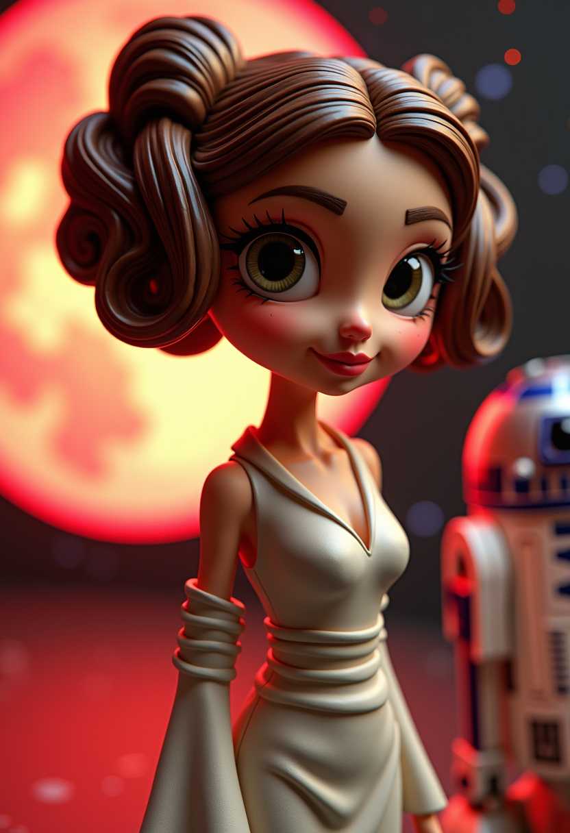 This image is a 3D rendered scene that captures a stylized female figure in a vibrant and dramatic setting. The art style is reminiscent of a pinup or burlesque aesthetic, with a focus on exaggerated curves and a playful, seductive pose. 3d cartoon girl, large eyes, Princess Leia Organa, crafted from what appears to be modeling clay or a similar soft material. The objects in the image include the figure of Princess Leia. To her left is a small, cylindrical object that resembles R2D2, another iconic character from the Star Wars series. Behind the figures, there is a dark, starry sky that adds to the scifi ambiance of the scene. The stars are scattered across the background, varying in size and brightness, and they give the impression of a vast, starry night sky. The overall effect is one of nostalgia and whimsy, invoking feelings of childhood wonder and the magic of space adventures.