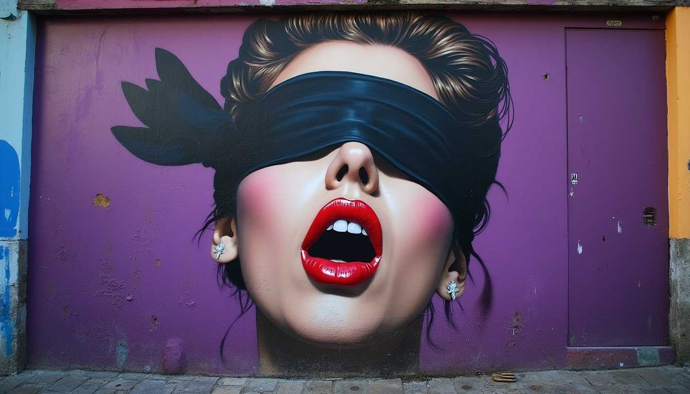 A captivating wall graffiti features a woman with a black blindfold, partially covering her face. Her tilted head and open mouth exude an intense, seductive exposure. Her vibrant red lips contrast against the intense purple background, creating a sense of seduction and passion. This graffiti captures the essence of desire and mystery, as if it's a still from a dramatic, cinematic scene on a wall in Brazilian Favela