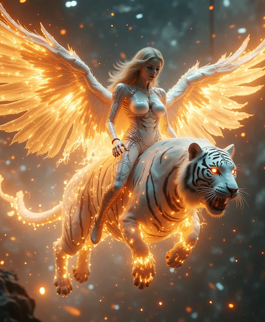 gholstlighning, electricity, Cinematic style, realism, cinematic quality, Stills from the fantasy film show a sexy woman in a tight white combat suit riding on the back of a white tiger with huge wings, flying in the air, followed by dynamic and dreamy flames, and the whole picture exudes the surreal and dreamlike quality typical of fantasy films.