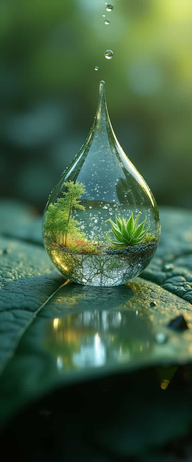 A hyper-detailed diorama of a microscopic ecosystem thriving within a single drop of rainwater, captured at the moment it impacts a leaf. The image should showcase an intricate world of microorganisms, suspended particles, and miniature air bubbles, all rendered with scientific accuracy and artistic flair. The lighting should create a sense of depth and dimensionality, with refracted light patterns adding to the magical atmosphere. The surrounding leaf should be textured and realistic, providing context and scale to this hidden aquatic universe., aidmaMJ6.1