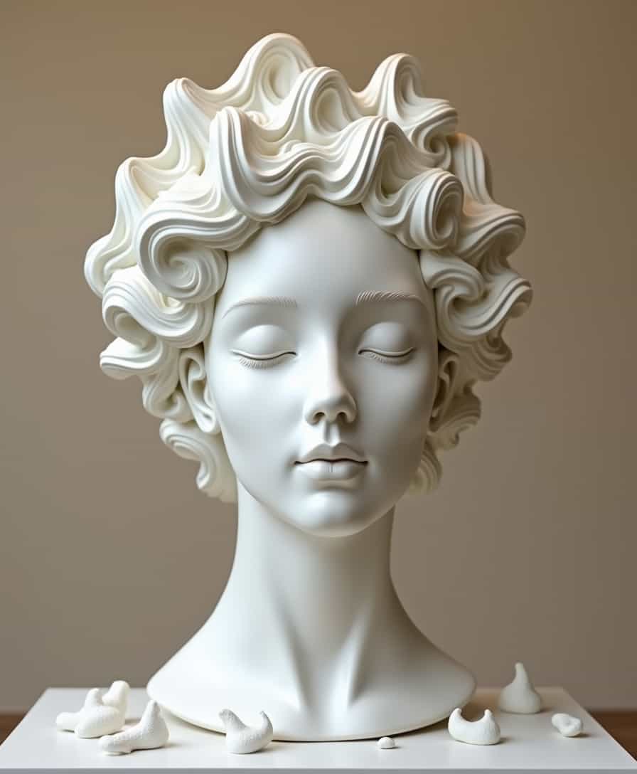 A surreal sculpture of a serene female face with closed eyes, crafted in metal material. The figure's hair is an intricate swirl of organic, fluid forms resembling whipped cream or soft meringue. The sculpture rests on a plain surface, with small, abstract shapes scattered around its base. The background is a neutral, warm tone, emphasizing the stark whiteness and delicate details of the artwork. The piece blends classical portrait sculpture with modern, abstract elements, creating a dreamlike quality that bridges realism and fantasy. aidmaMJ6.1