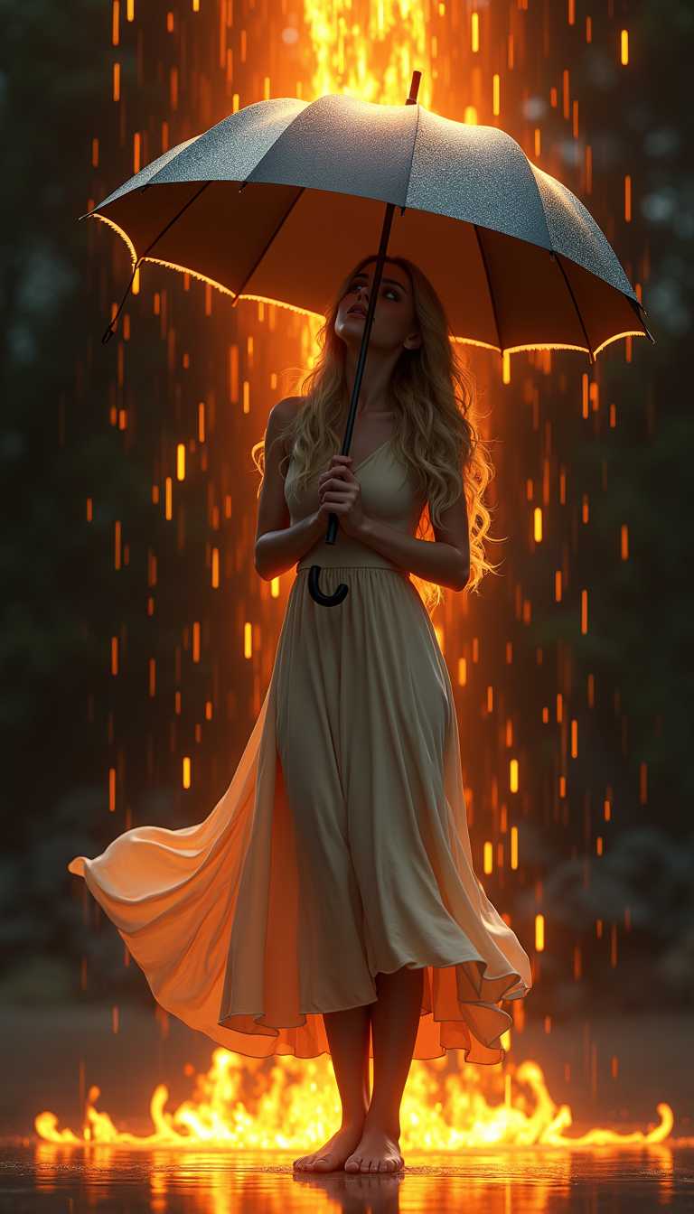 This is a highly detailed CGI (computer-generated imagery) artwork depicting a young woman standing under an open umbrella in a dramatic, fiery rain. The woman, with long, wavy blonde hair, is wearing a flowing, light beige dress with a fitted bodice and a flared skirt that sways gently in the wind. She is holding the umbrella with both hands, her head tilted back as she looks upwards. The umbrella, which is dark gray with a reflective surface, is positioned above her head, casting a shadow that contrasts with the bright, fiery rain falling from it., 
The rain is depicted as intense flames, with bright orange and yellow hues, creating a surreal and striking effect. Water droplets are also visible, falling from the umbrella and the sky, adding to the contrast and depth of the scene. The background is a dark, almost black, void, emphasizing the woman and the umbrella as the focal point. The ground beneath her is a smooth, reflective surface that mirrors the flames and her silhouette, enhancing the overall dramatic and surreal atmosphere. The textures of the dress and umbrella are meticulously detailed, with the fabric appearing soft and flowing. This image combines fantasy and realism in a visually captivating manner., . aidmaMJ6.1