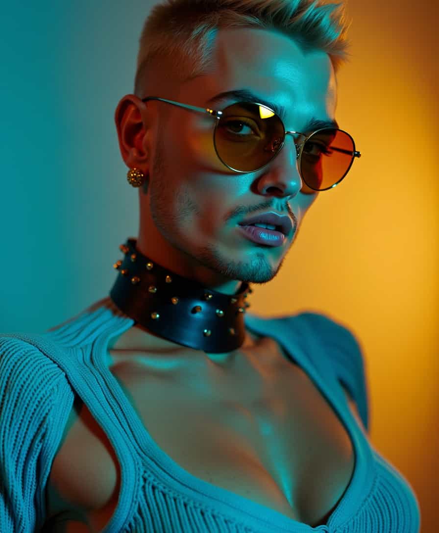 A studio character photography of a 30ish male model with short buzz cut ashen hair. His face is squarish with strong jaw lines. And a neatly trimmed short cut beard. He looks provocativly into the camera. He wears golden mascara and golden cheek studs. And coloured mirroring sunglasses that show golden and cyan reflections.
He wears a black collar band with studs that reflect the neon cyan and gold lights.
He wears a cyan knitted cleaved crop top that reveals his strong chest muscle and collar bones.
The viewpoint is set on eye-level, catching his face as he turns it into the camera. 
The scene is smoothly lit, strong golden rinlights set the character apart from an uniform darker tone of cyan.