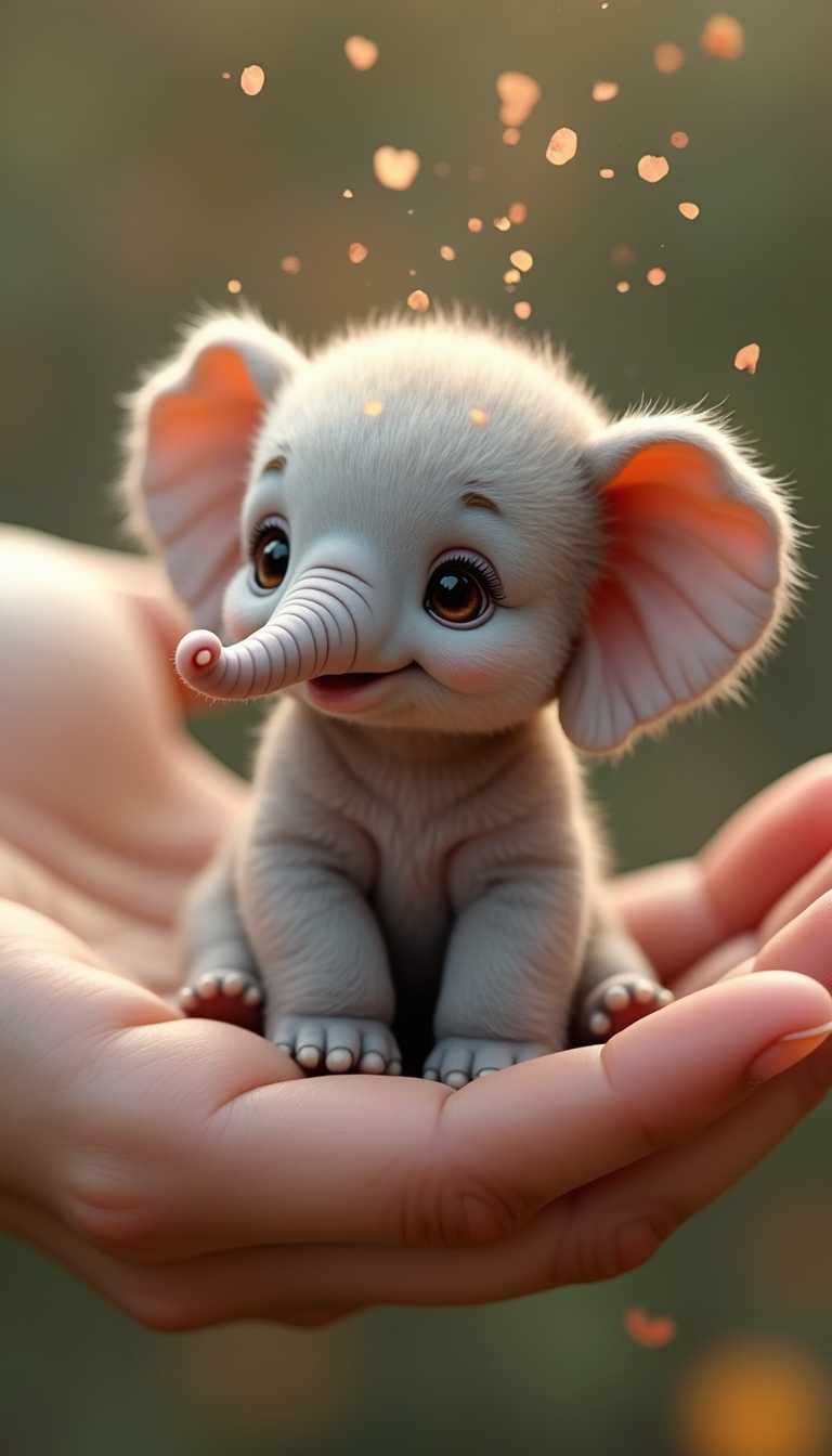 A hyper-realistic, touching scene depicting a small, adorable baby elephant, no bigger than a human palm, being held carefully in a person's hand. The baby elephant has soft, velvety skin, its large brown eyes look up trustingly, and its tiny nostrils flutter as if it is inhaling air. A hand with soft, pale skin with a few barely noticeable freckles, the fingers gently wrap around the baby elephant's body. A light breeze swirls and showers the baby elephant with small flower petals.aidmaMJ6.1, Midjourney_Whisper