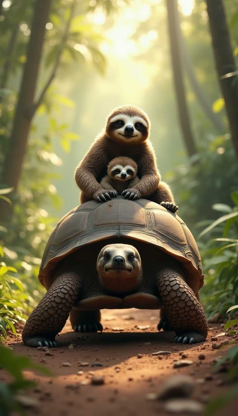 aidmaimageupgrader, a high quality realistic photo of a stoic sloth holding a baby sloth riding on the back of a giant turtle, the turtle is walking along a dirt path in a tropical forest, it's sunny and there are sunbeams coming through the trees. aidmaMJ6.1, Midjourney_Whisper