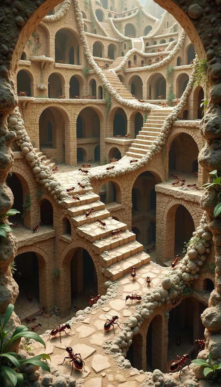 Hyper-detailed cross-section of an impossible Escher-inspired ant colony, with ants defying gravity and perspective. The image should be a mind-bending maze of tunnels and chambers that play with impossible geometry, reminiscent of M.C. Escher's works. Ants should be seen walking on walls, ceilings, and in directions that defy normal physics. The cross-section should reveal multiple levels of the colony, each with its own puzzling layout and optical illusions.