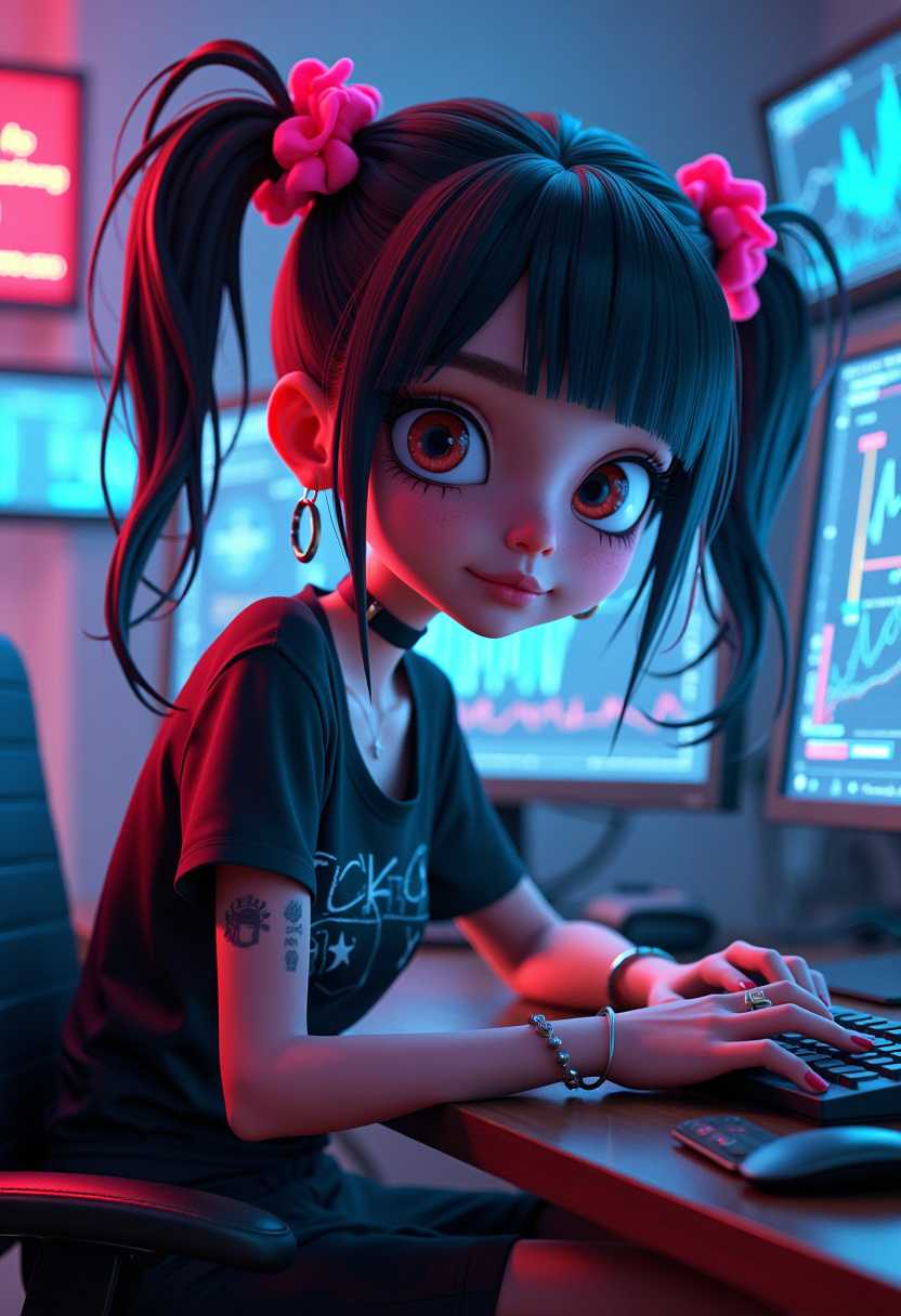 3d cartoon goth emo schoolgirl with exaggerated features, pigtails, neon scrubchies,seated at a desk in a dimly lit room, surrounded by multiple computer monitors displaying complex digital information and graphical representations 