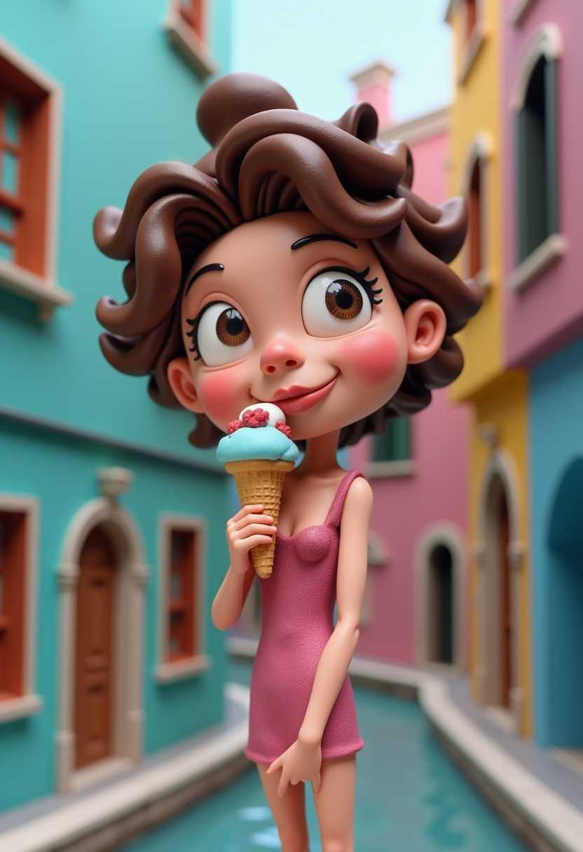 This image features a 30 year old character on vacation in Venice eating an ice cream cone that appears to be a stopmotion clay animation figure. The art style is whimsical and cartoonish, with exaggerated facial features and a playful, fantastical quality. The medium seems to be a soft, pliable clay, which is a common material for stopmotion animation.The character is predominantly pink with a few touches of blue and brown. The skin texture is rough and uneven, giving the appearance of a handcrafted object. The hair is a wild, curly mass of brown clay, adding to the characters quirky and animated appearance.The character is wearing a low cut neckline flowery mini dresss. In the background, there is a colorful, stylized cityscape. The buildings are brightly colored in shades of blue, pink, yellow, and green, with exaggerated architectural details such as large windows and ornate facades. The cityscape is depicted in a simplified, abstract manner, with no realistic perspective or depth, focusing more on the vibrant, playful aesthetic.The overall atmosphere of the image is cheerful and imaginative, with a sense of movement and whimsy conveyed through the characters pose and the dynamic background. The lighting in the image is soft and diffused, with no harsh shadows, contributing to the friendly and inviting mood of the scene.