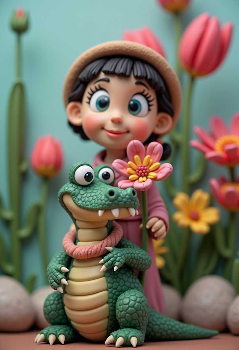 clay girl, alligator, flower