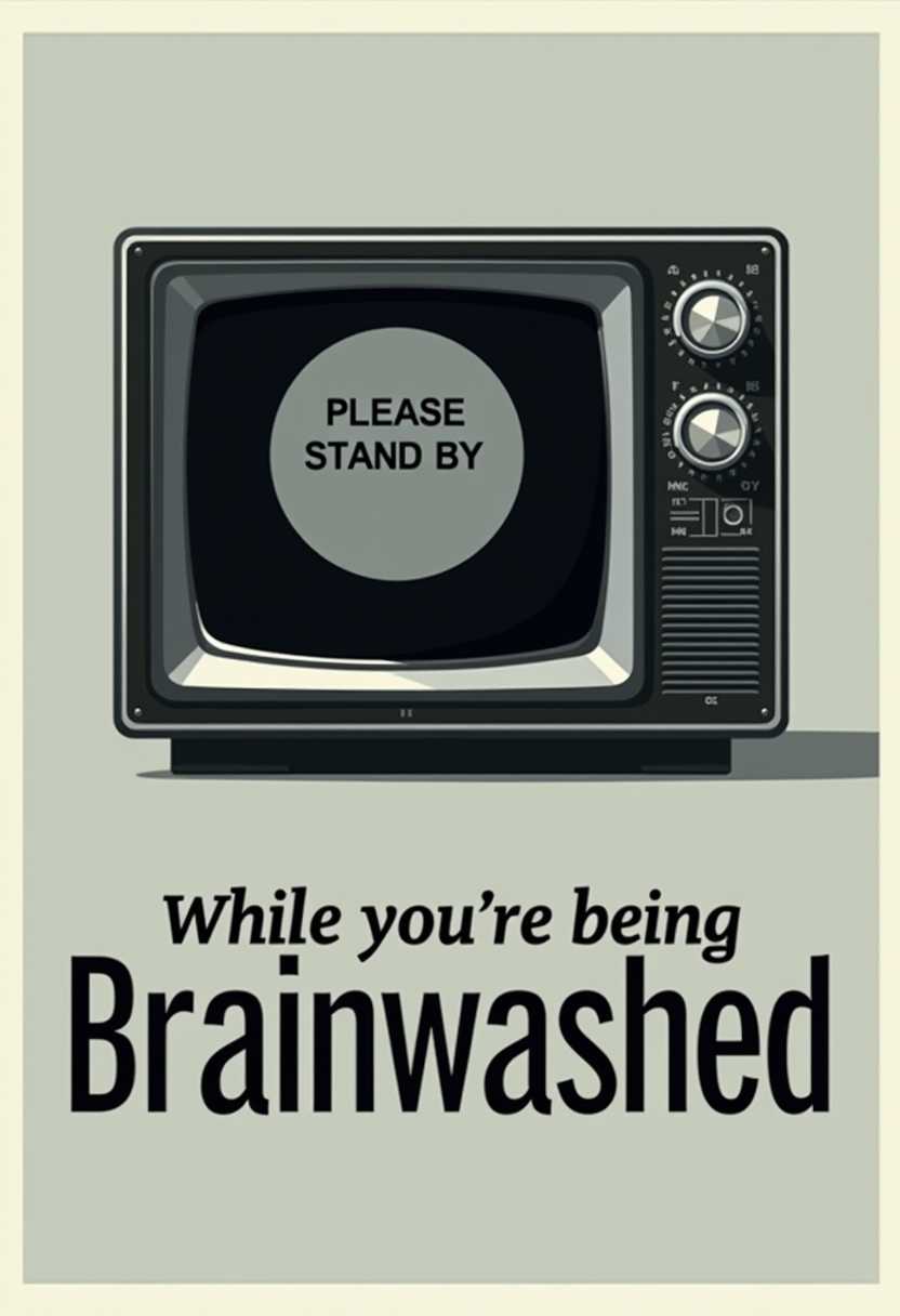 This image is a digital illustration that depicts a vintage television set. The television is placed against a neutral grey background, which gives the image a somewhat retro and nostalgic feel. The television set has a classic design, with a rectangular shape, a black casing, and a contrasting white border around the screen.The screen of the television displays a test pattern commonly seen when a television is turned on but not receiving a signal. The test pattern is black with a white circular shape in the center, and it includes a faint, white text that reads PLEASE STAND BY. This text is a nod to the oldfashioned practice of having a test pattern displayed on television screens when there was no programming to broadcast.Below the television, there is a bold, black text that reads While youre being Brainwashed. This text is placed in a large, sansserif font, which makes it stand out prominently against the grey background. The phrase is a satirical take on the influence of television on viewers, suggesting that watching television can be a form of mind control or brainwashing.The overall art style of the image is reminiscent of mid20th century design, with its clean lines, simple shapes, and use of bold, contrasting colors. The color palette of the image is limited, primarily consisting of shades of grey, black, and white, which gives the image a monochromatic and somewhat muted appearance.In summary, this image is a digital illustration that depicts a vintage television set displaying a test pattern with the text PLEASE STAND BY. Below the television, the phrase While youre being Brainwashed is displayed in a bold, sansserif font, serving as a satirical commentary on the influence of television on viewers. The art style of the image is reminiscent of mid20th century design, with its clean lines, simple shapes, and use of bold, contrasting colors.