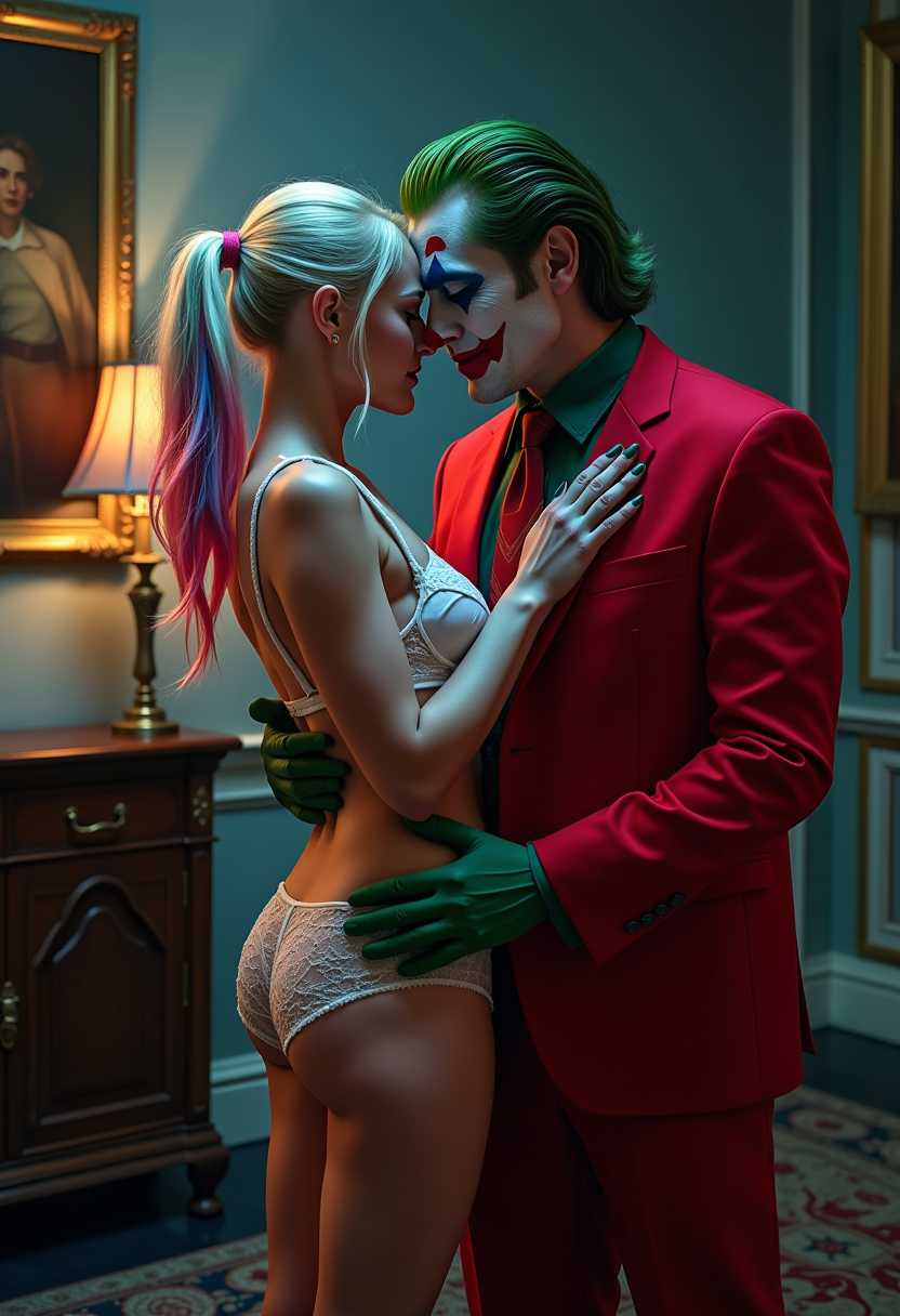 This image is a stylized, highresolution photograph that depicts two characters in a dramatic and intimate pose. The art style is reminiscent of contemporary photography with a cinematic quality, utilizing lighting and shadow to create a moody and atmospheric scene.The medium appears to be a digital photograph, given the clarity and sharpness of the details. The colors are rich and vibrant, with a predominance of deep reds and contrasting blues and greens. The lighting is dramatic, with a spotlight effect that casts a warm glow on the subjects and creates a moody ambiance. The shadows are deep and accentuate the contours of the characters and the objects in the background.The characters are dressed in costumes that suggest they are embodying specific personas. The individual resembles (Harley Quinn:1.2) on the left is wearing a white lace bra and matching lace underwear, with Blonde/Pink/blue hair styled in a high ponytail with pink and blue highlights. The individual resembles the JOKER on the right is dressed in a bright red suit with a matching red tie, and green gloves, which are characteristic of a clown or jester costume.The setting appears to be an interior space with classical architectural elements, such as columns and framed artwork. The walls are adorned with ornate wallpaper, and the furniture includes a wooden sideboard with brass candlesticks and a framed painting. The floor is covered with a patterned carpet, and the overall decor suggests a luxurious and opulent environment.The overall composition of the image is dynamic and evocative, with the characters positioned in a way that suggests a narrative or a moment frozen in time. The interplay of light and shadow, color and form, creates a compelling visual experience that draws the viewer into the scene.