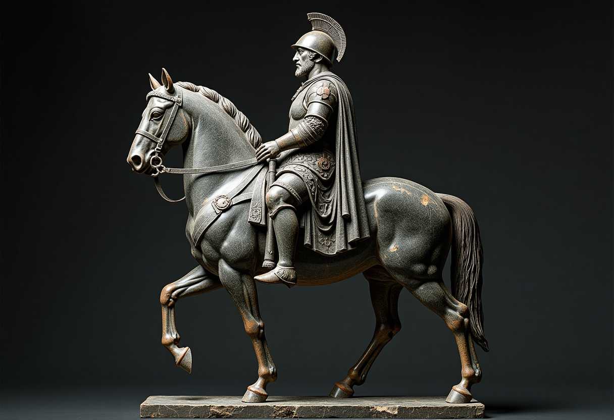 A full-body sculpture of a knight mounted on his horse in imposing and majestic armor, The sculpture is carved from a dark-colored granite stone with a worn and cracked texture that suggests it has been exposed to the elements for some time significant. The texture of the stone is characteristic of the sculptures of Rome of the period, with some areas showing signs of erosion or damage. The general style is reminiscent of Roman art from c. 170 antique with emphasis on detailed symbolic representation. the knight symbolizes the struggle and conquest of Rome and with a contrasting background with the sculpture