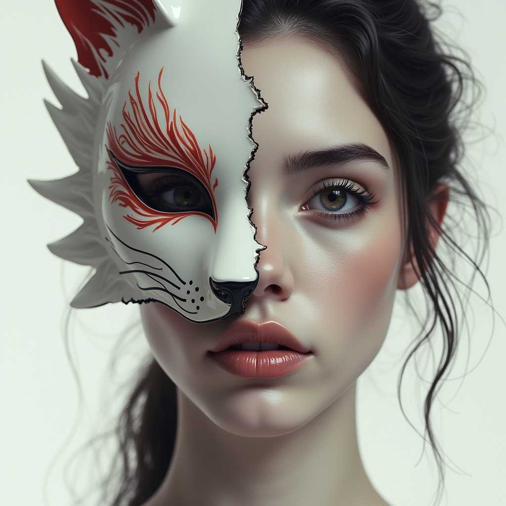 selective color, selective color. A close-up image of a breathtaking young woman wearing a half-broken Kitsune mask. The mask, adorned with swirling red accents, is crafted in white porcelain with a chipped edge and fox-like ears. It covers one side of her face, revealing her other strikingly beautiful features. The visible eye is deep and expressive. The image begins in a Charcoal sketch style, transitioning into soft, muted colors as the scene becomes more realistic. Dramatic lighting casts shadows across her face and mask, with an abstract white background that emphasizes the contrast between the mask and her features.,