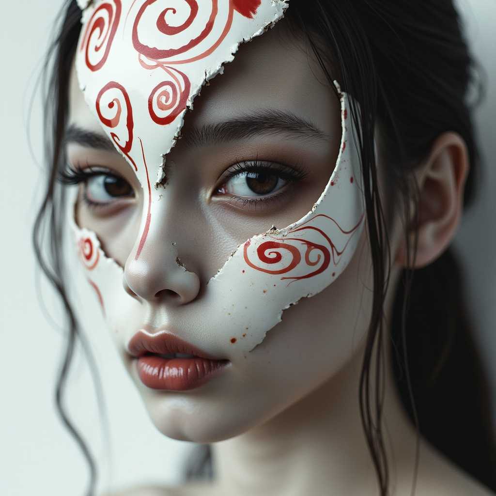 selective color, selective color. A close-up image of a breathtaking young woman wearing a half-broken Kitsune mask. The mask, adorned with swirling red accents, is crafted in white porcelain with a chipped edge and fox-like ears. It covers one side of her face, revealing her other strikingly beautiful features. The visible eye is deep and expressive. The image begins in a Charcoal sketch style, transitioning into soft, muted colors as the scene becomes more realistic. Dramatic lighting casts shadows across her face and mask, with an abstract white background that emphasizes the contrast between the mask and her features.,