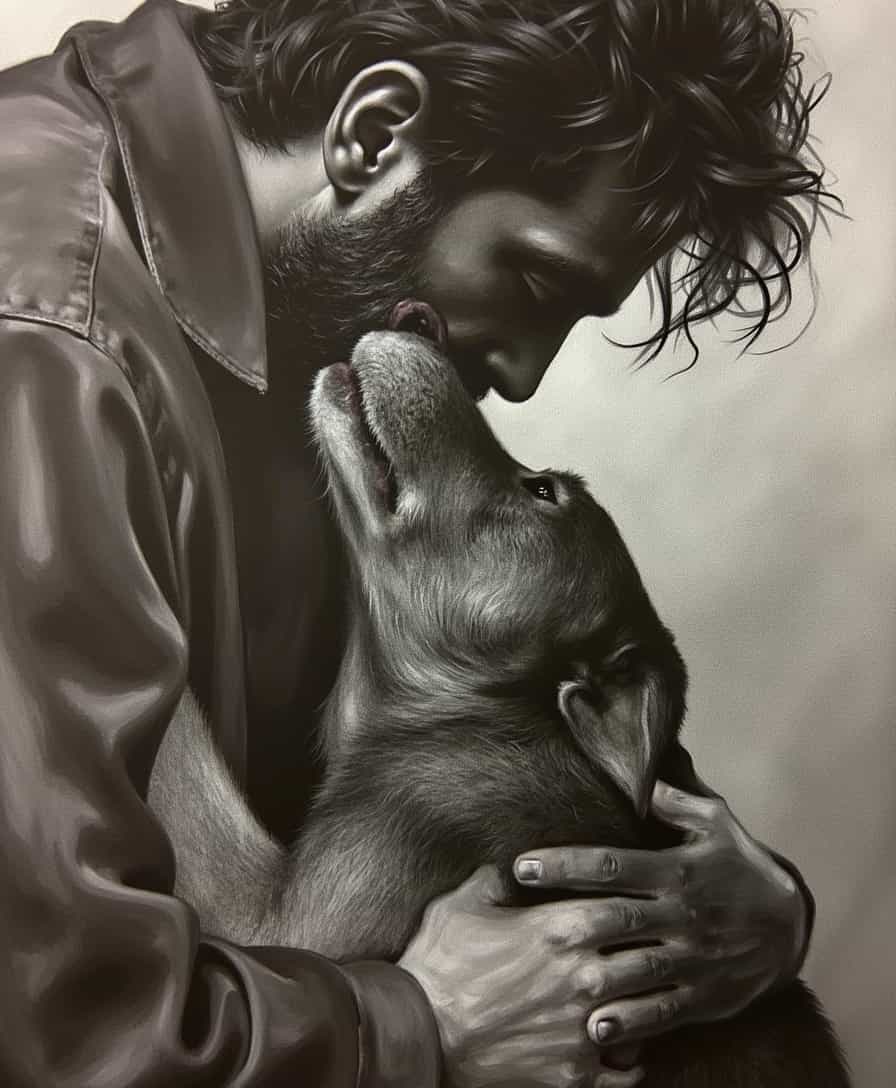 selective color, Charocal of a dog and a man 