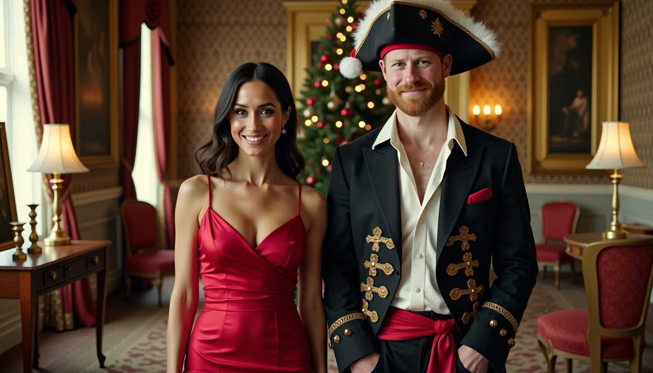A room full of christmas decorations with two figures .The individual resembles a happy  Meghan Markle on the left is wearing a low cut neckline red satin minidress  The individual resembles Prince Harry on the right, dressed as a pirate, santa hat, straggly beard. The setting appears to be a palace with classical architectural elements, such as columns and framed artwork. The walls are adorned with ornate wallpaper, and the furniture includes a wooden sideboard with brass candlesticks and a framed painting. The floor is covered with a patterned carpet, and the overall decor suggests a luxurious and opulent environment.The overall composition of the image is dynamic and evocative, with the characters positioned in a way that suggests a narrative or a moment frozen in time. The interplay of light and shadow, color and form, creates a compelling visual experience that draws the viewer into the scene.