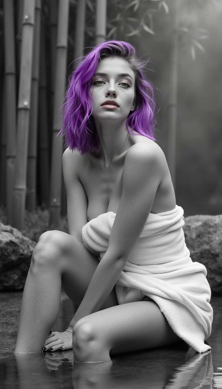 selective color,  Charocal, dyngru, selective color, ral-ertmsphr,aidmansfwunlockfluxponystyle. A captivating solo shot in a serene Japanese onsen captures a young, stunning woman with a mesmerizing and sensual presence. The image is predominantly black-and-white, with selective color highlighting her most striking features. Her face closely resembles the reference image, featuring soft, symmetrical features, high cheekbones, a confident smile, and striking green eyes that are vividly colored, standing out against the grayscale background. Her lips are soft pink, slightly parted, adding a hint of seduction to her expression. The vivid color of her eyes draws the viewer's gaze, enhancing her magnetic allure. The scene exclusively focuses on her, a single figure against a dynamic backdrop of a traditional onsen, where rugged, natural rock formations line the edges of the warm, steaming water. In the background, tall bamboo stalks rise gracefully, their delicate, swaying fronds providing a natural frame. Soft steam from the onsen water blends with the mist, creating a ethereal atmosphere that envelops her alone. Her hairstyle is a contemporary, edgy cut with layers that add volume and a sense of movement. The hair falls just past her shoulders, with face-framing layers and long, side-swept bangs that softly cascade across her forehead, accentuating her eyes and cheekbones. The hair color is rich purple, with select strands vividly highlighted in magenta, adding a striking visual contrast. These vibrant highlights catch the light, drawing attention to her face and enhancing her modern look within the tranquil, natural setting. She is wrapped in a simple, white towel that clings to her body, the fabric slightly damp and semi-translucent, subtly revealing her curves and enhancing her sensual allure. She is positioned in various spots around the onsen, always alone, adding variety and interest to the scene: - Sitting gracefully on a smooth stone near the water's edge, her feet dipping into the warm water, her fingers playfully trailing through the ripples . - Standing on a wooden walkway that leads to the onsen, the soft light filtering through the bamboo casting intricate patterns on her skin . - Stepping onto a moss-covered stone path leading to the onsen, the vibrant color of her eyes catching the light as she glances back invitingly. The dynamic lighting casts playful highlights across her face and body, emphasizing her natural contours and adding depth to the scene. Selective color draws focus to her vivid eyes, lips, and highlighted hair strands, creating a striking contrast against the monochrome stones and bamboo backdrop. The atmosphere is further enriched with dynamic and stylistic elements that add depth and visual intrigue: dappled light filtering through the bamboo leaves, casting intricate, delicate shadows on her body and the stone edges . Environmental details like cherry blossom petals drifting lazily on the water enhance the tranquility and intimacy of the onsen setting, bringing the stones and bamboo into focus. The choice of camera angles enhances the sceneâs focus on the solo figure and the traditional onsen environment: - A close-up shot captures her sultry expression, with selective color accentuating her eyes and lips, framed by soft shadows that dance across her face and the smooth stone background . - An over-the-shoulder shot focuses on her vibrant hair and eyes as she gazes out over the serene onsen, with steam rising softly around her . (monochrome effect:1.5), (dynamic atmosphere:1.8), (soft steam:1.6), (serene environment:1.8), (dynamic lighting:1.5), (shadow play:1.4), (water droplets on lens:1.3), (hair detail:1.6), (misty background:1.6), (rippling water:1.4), (cherry blossom petals:1.2), (sultry expression:1.6), (wet towel:1.5), (intimate pose:1.6), (solo shot:2.0), (vivid eyes:1.7), (natural hands:1.5), (correct anatomy:1.7), (realistic fingers:1.6), (stone edges:1.4), (bamboo leaves:1.5) , 