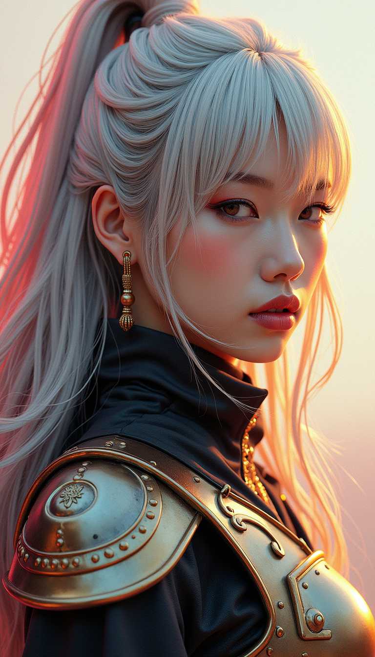 Midjourney_Whisper, abstract photorealistic ink image in vivid, surreal colour gradient, closeup side portrait of korean woman wearing fantasy leather and bronze plate armour, long bleached hair, bangs, Midjourney_Whisper