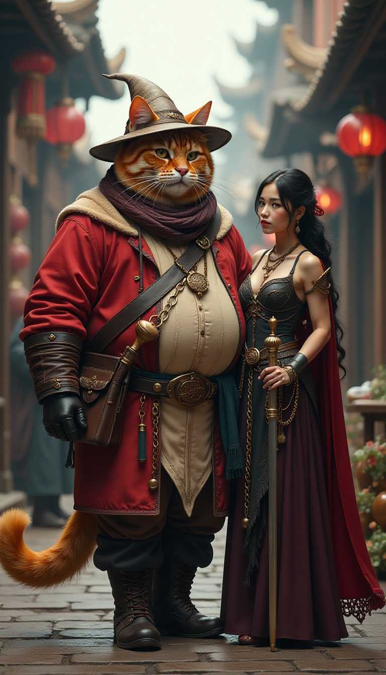 Feline Fantasy A Warrior Cat and a Human Ally in a Traditional Asian Street Scene