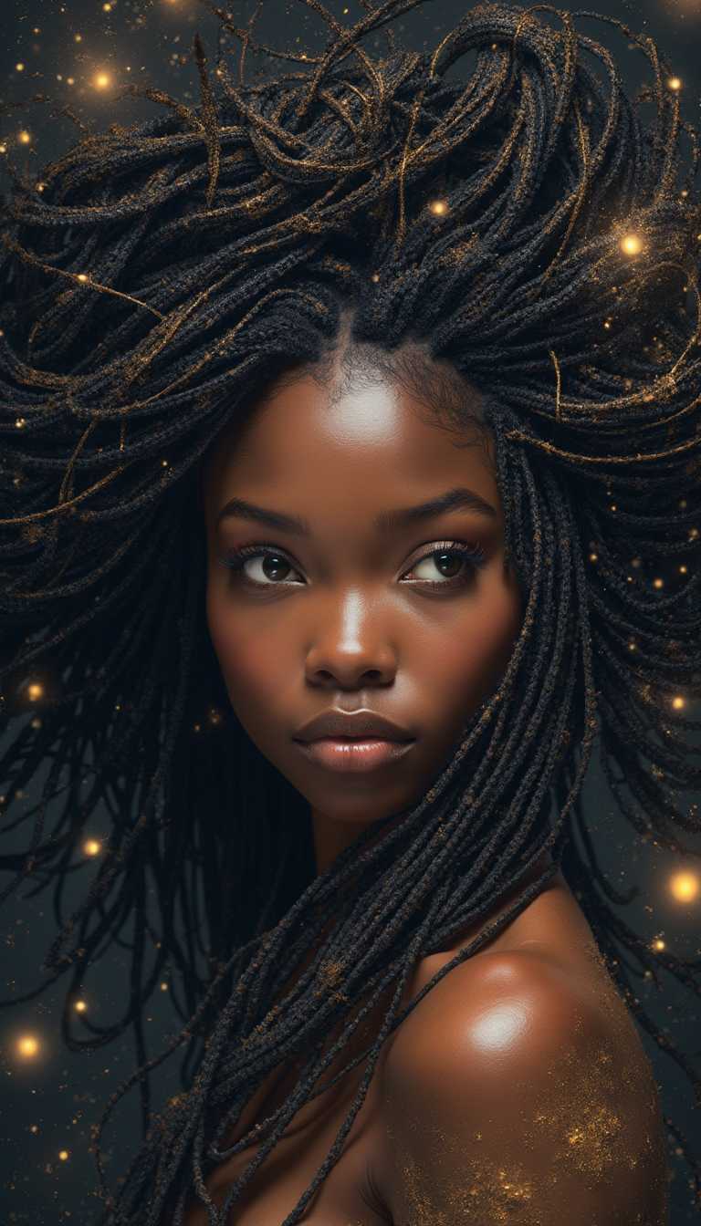 a detailed image of a woman with dark braids and beads, her hair blending seamlessly into a spiraling, fractal-like pattern with detailed skin and detailed skin pores The background glows with star-like particles, giving the impression that she is weaving the cosmos itself with her hair.