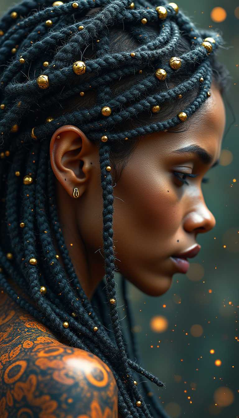 Enchanting Profile of a Woman with Intricate Braids and Tattoo