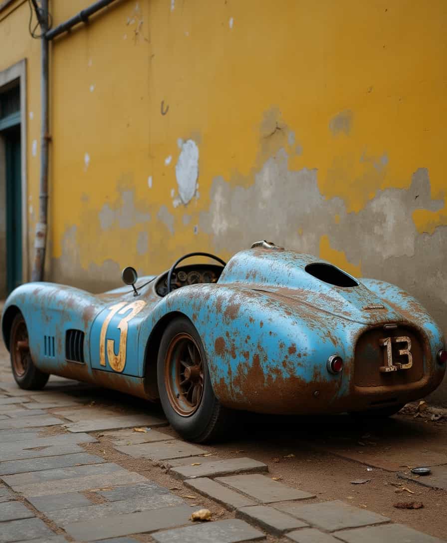 an old worn, rusted and muddy blue very low, extremely long  bugatti race car with number 13, profile view, against an old dilapidated yellow wall (with no marking). High definition, realistic photo