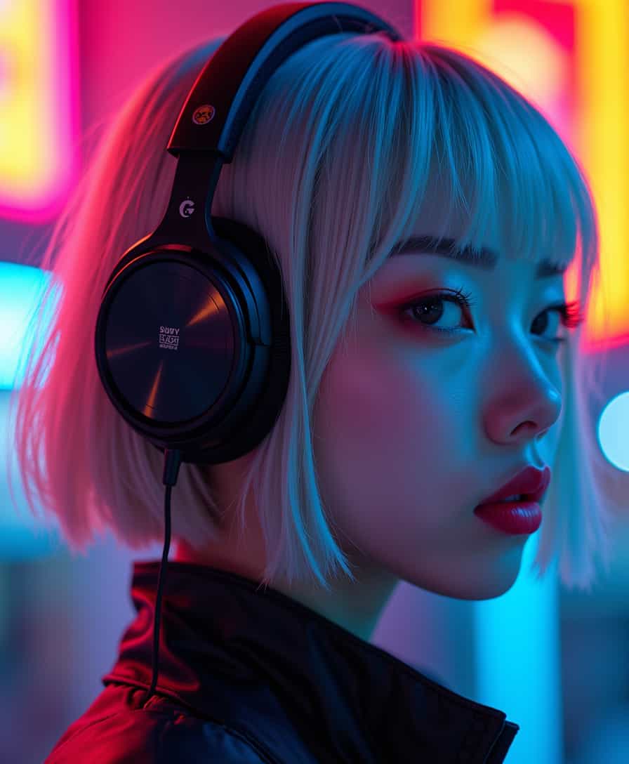 Cinematic style, realism, cinematic quality, 
abstract photorealistic ink image in vivid, surreal colour gradient, closeup side portrait of oriental goth cyberpunk woman, straight-cut bob, bangs, headphones, bleached hair
. High definition, realistic photo, Midjourney_Whisper