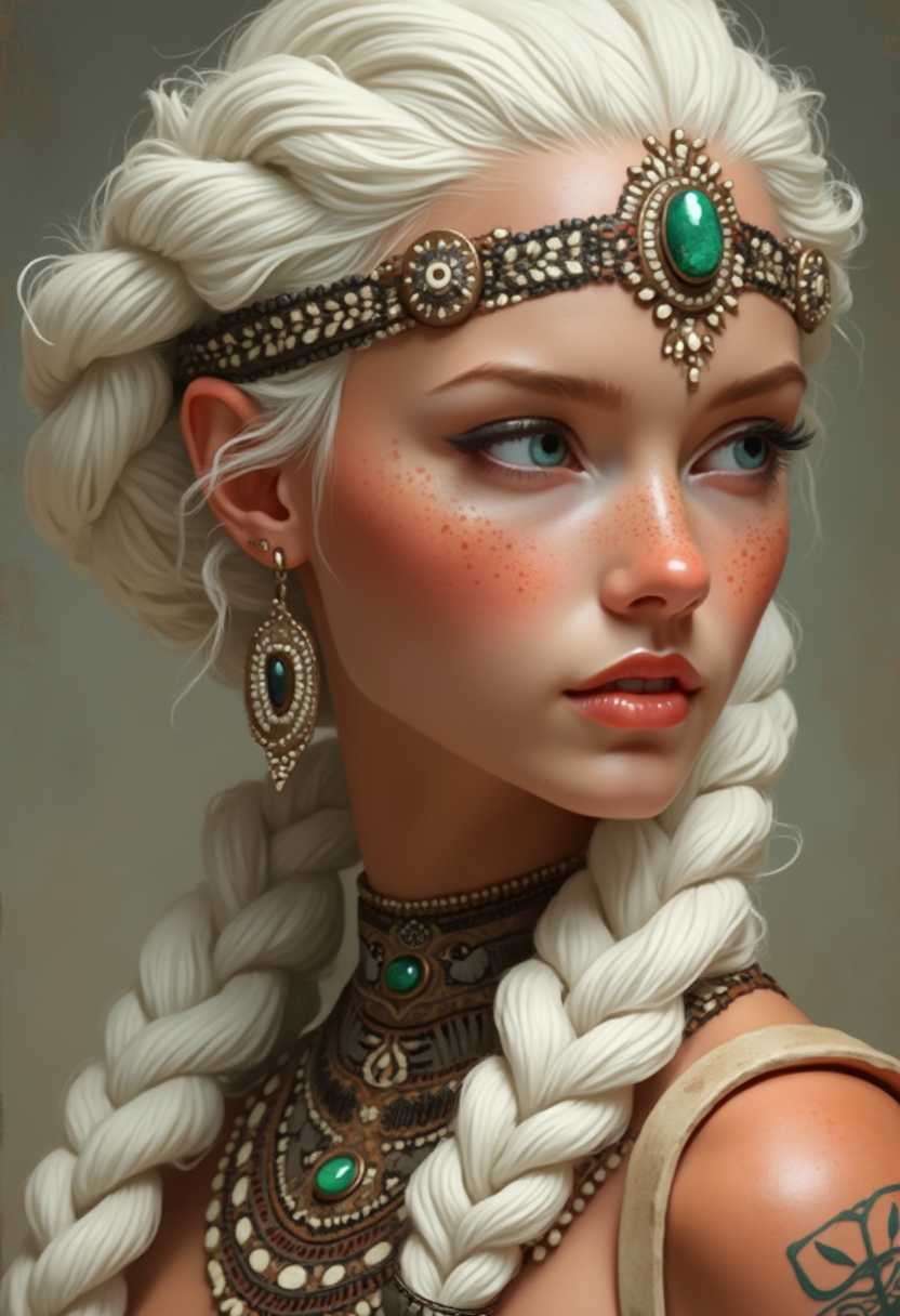 This photo is a closeup portrait of a person with a highly stylized and artistic presentation. The subject has a complexion with a warm undertone, and their skin is adorned with a subtle blush and freckles, which are highlighted by the lighting.The hair is the most striking feature of the photo. It is a long, white braid that cascades down the side of the subjects body. The braid is intricately detailed, with a pattern that suggests a braided rope or a stylized hairstyle. The ends of the braid are adorned with a series of small, round, green stones that are set in a circular pattern, giving the hair a touch of color.The subject is wearing a headpiece that matches the hairstyle. It is a headband that wraps around the head and is embellished with a mix of beads in white, black, and brown tones, along with a central green stone. The headband is also detailed with a pattern that complements the braid.The subject is also wearing a necklace that matches the headpiece. It is a multistrand necklace with beads in white, black, and brown tones, and it features a prominent green stone at the center.The background is a neutral, earthy tone that fades into a soft shadow, which helps to draw the viewers focus to the subject and their accessories.The overall art style of the image is reminiscent of fantasy or tribal art, with a focus on intricate detail and a harmonious color palette. The medium appears to be digital painting, given the smooth gradients and the lack of texture that one might expect from a traditional painting. The colors are vibrant and wellbalanced, with a warm, earthy feel that complements the subjects skin tone.