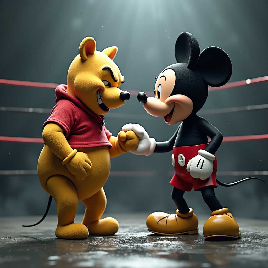 whimsical pseudo-joyful image. hard lighting. charm and honour. bright reflective background. 2 muscular characters in a dark gray wrestling ring. In ready-to-wrestle poses. Winnie the Pooh is standing up with a grin and angry eyebrows. Facing him is Mickey Mouse with a crazy grin & a pocket pen attached to his shorts. They are covered in gray grime and some red motor oil. Dusty particles in the air effect. Volumetric lighting