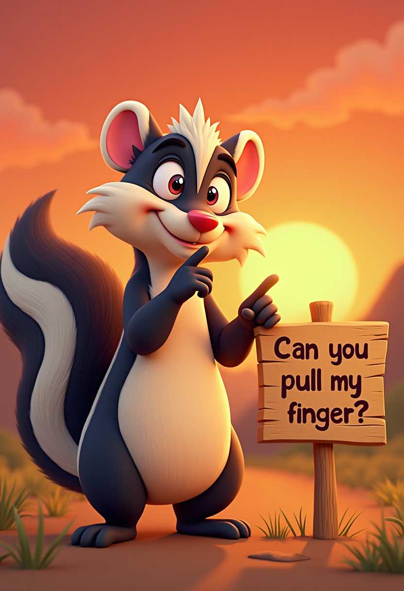 whimsical 3d image. bold colors disney style an isolated cartoon skunk standing and with one front paw pointing with a finger straight ahead and with an asking look on his face his other front paw is against his mouth sunset in front of him there is a board with the words : Can you pull my finger (correctly spelled), style disney pixar