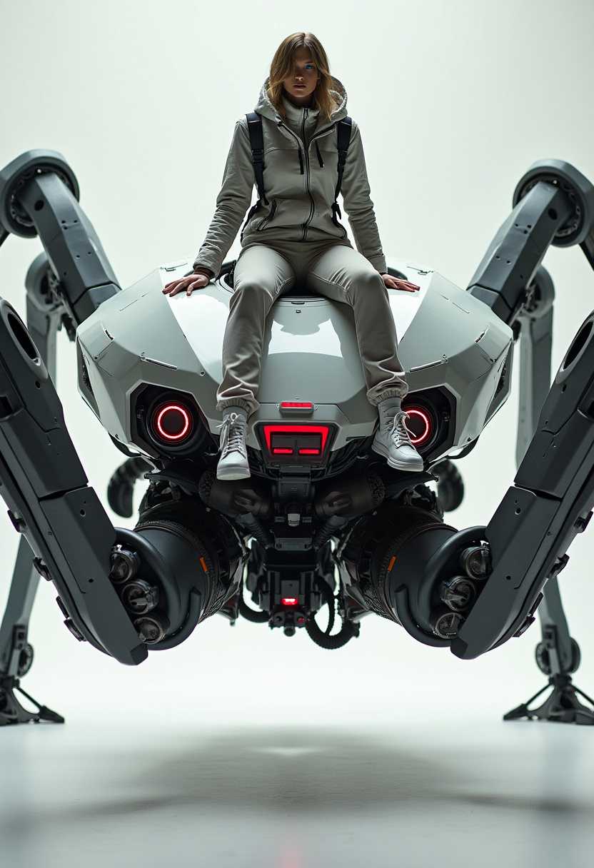 **Title**: "Futuristic Exploration on a Mechanical Giant"

**Description**: A stunning high-resolution photograph captures a human figure seated atop a grand, futuristic robotic contraption within a professional studio setting. The scene is dominated by the robot, a masterpiece of engineering with a predominantly sleek white and gray color palette, accented by striking black details and vibrant red highlights on its circular components that mimic eyes or lenses, adding a lifelike quality to the machinery. 

**Visual Elements**: The robot, with its intricate and complex mechanical structure, features multiple articulated joints and segments, resembling a colossal spider. Its four primary legs culminate in formidable, claw-like appendages, while two smaller legs provide stability to the towering construct. The torso of the robot reveals a sophisticated control panel, brimming with buttons, levers, and screens, emphasizing its advanced capabilities.

**Artistic Style**: The digital art style is characterized by clean, precise lines and a stark contrast, embodying a high-tech, sci-fi aesthetic. The expertly diffused bright lighting enhances the scene, casting soft shadows that lend depth and dimension to the composition.

**Subject Composition**: Positioned centrally, the human adventurer is adorned in a futuristic ensemble that complements the advanced theme of the setting. The outfit