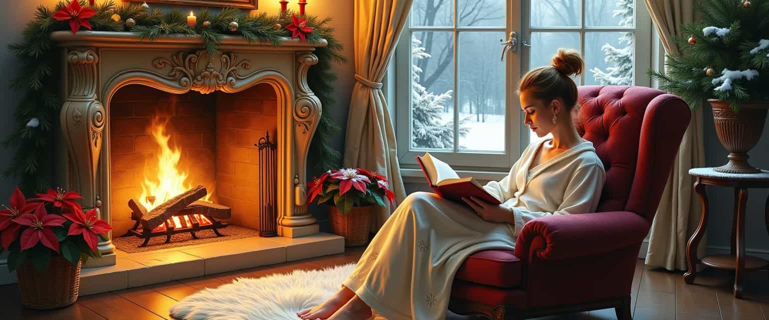 Cozy Christmas Morning A Woman Reads by the Fireplace