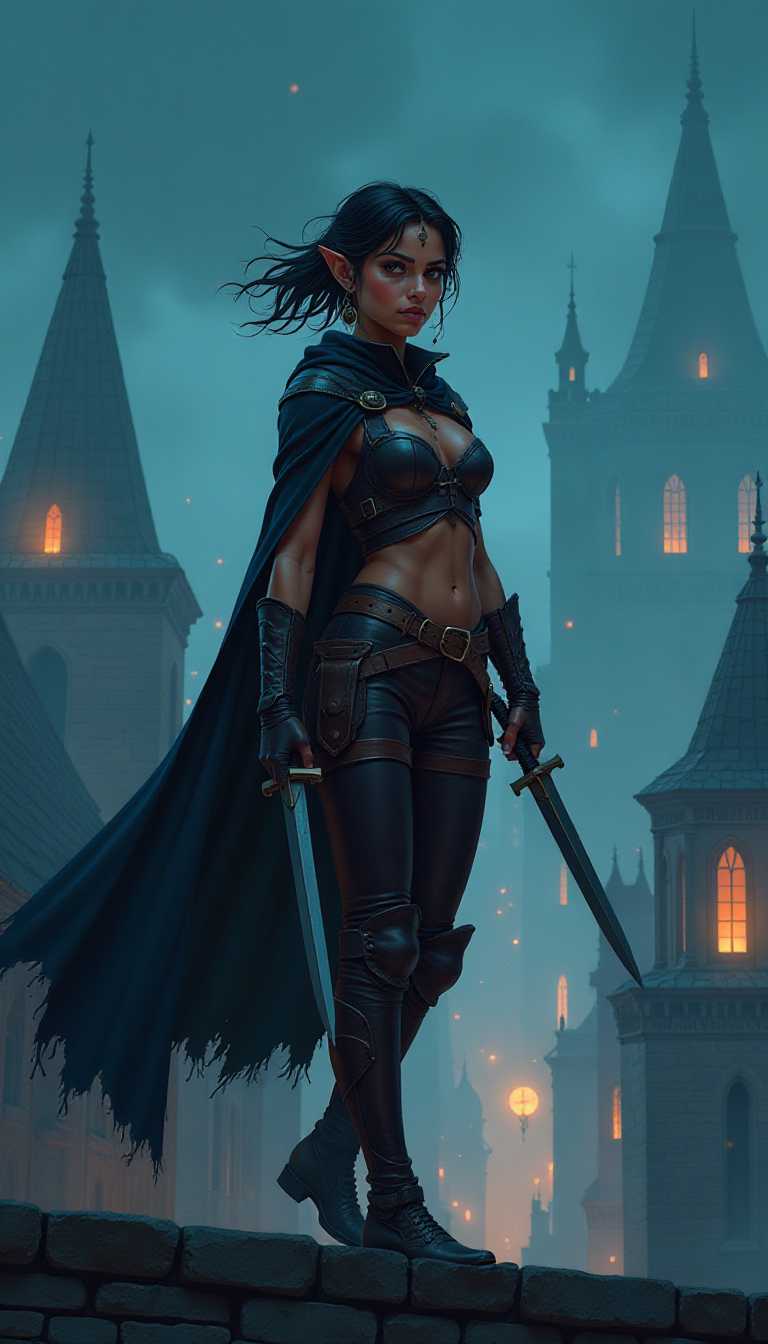 Visualize a dramatic scene set in a vibrant high-fantasy world, under the cover of night. A middle-aged adult elf with Indian ethnicity and a wheatish complexion, her features illuminated by the faint starlight, stands in a cocky stance, with a dagger in each hand, on a rooftop in a medieval fantasy city. Clad in leather armor, with leather leggings, she wears a short black cape that flows with her swift, silent movements. The cape’s texture is rich and velvety, with slight hints of wear and mystery. She is unarmed, bearing no weapons on her entire body. The elf has a thin, willowy build and a flat-chested bosom.

Her short, black hair casts shadows over her smirking face, enhancing the cocky, self-assured, calm aura. The camera angle is eye level and distant enough to provide a full-body portrait.

The atmosphere is both gloomy and dangerous, with an eerie fog rolling over the rooftops, casting the city in a haunting mist.

The image should be in a cartoony, illustrative, artist-created fantasy style reminiscent of dungeons and dragons, with a dark but dreamy feel to it.