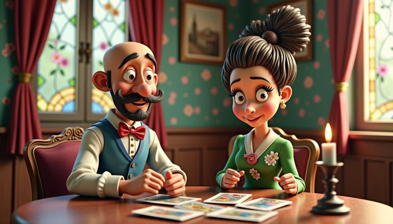 An animated elderly couple enjoying a card game by candlelight