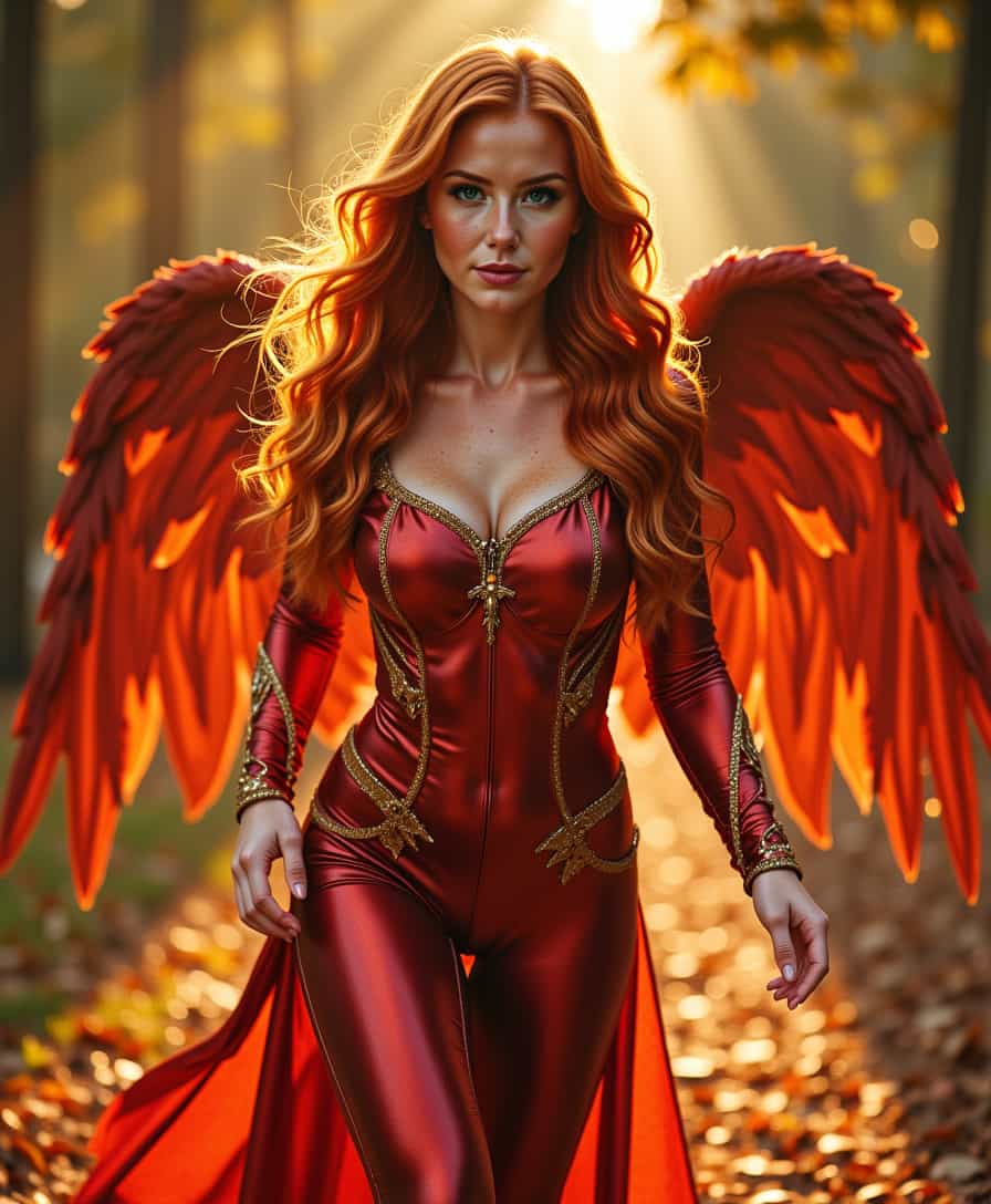 Ruda2, Full body shot of Red hair angel with freckles, angel moves towards the camera, wherever she steps the is magic track, left by her steps, she wear golden red celestial armor, she moves towards camera