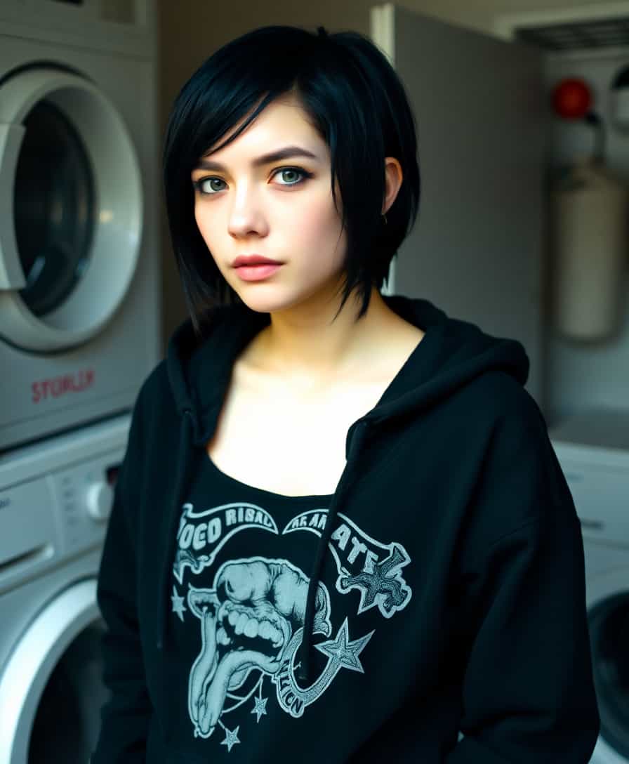The art style in this photographis difficult to pinpoint definitively due to the limited visual information available, but we can make some educated guesses based on the elements present. The white young woman is wearing a black hoodie with a graphic design on the front, which could suggest a contemporary streetwear influence. The hoodies style is reminiscent of urban fashion, which often incorporates bold graphics and streetinspired aesthetics.The subjects hairstyle, with its dark, straight, and sleek appearance, has a modern, possibly emo or alternative edge, which is often associated with youthful rebellion and nonconformity. This hairstyle is reminiscent of the emo subculture that gained popularity in the early 2000s, characterized by its distinct visual cues such as dark hair, piercings, and layered cuts.The setting appears to be a laundry room, which is a mundane environment that contrasts with the edgy fashion choices of the subject. This juxtaposition could be an intentional stylistic choice to create a contrast between the subjects appearance and their everyday surroundings, which is a common technique in contemporary art to provoke thought or emotion.Overall, the image seems to draw from a mix of contemporary streetwear, alternative fashion, and possibly emo aesthetics, with an emphasis on youthful rebellion and nonconformity. The setting and the subjects choice of clothing and hairstyle suggest a deliberate stylistic choice to create a contrast between the subjects appearance and their everyday surroundings.