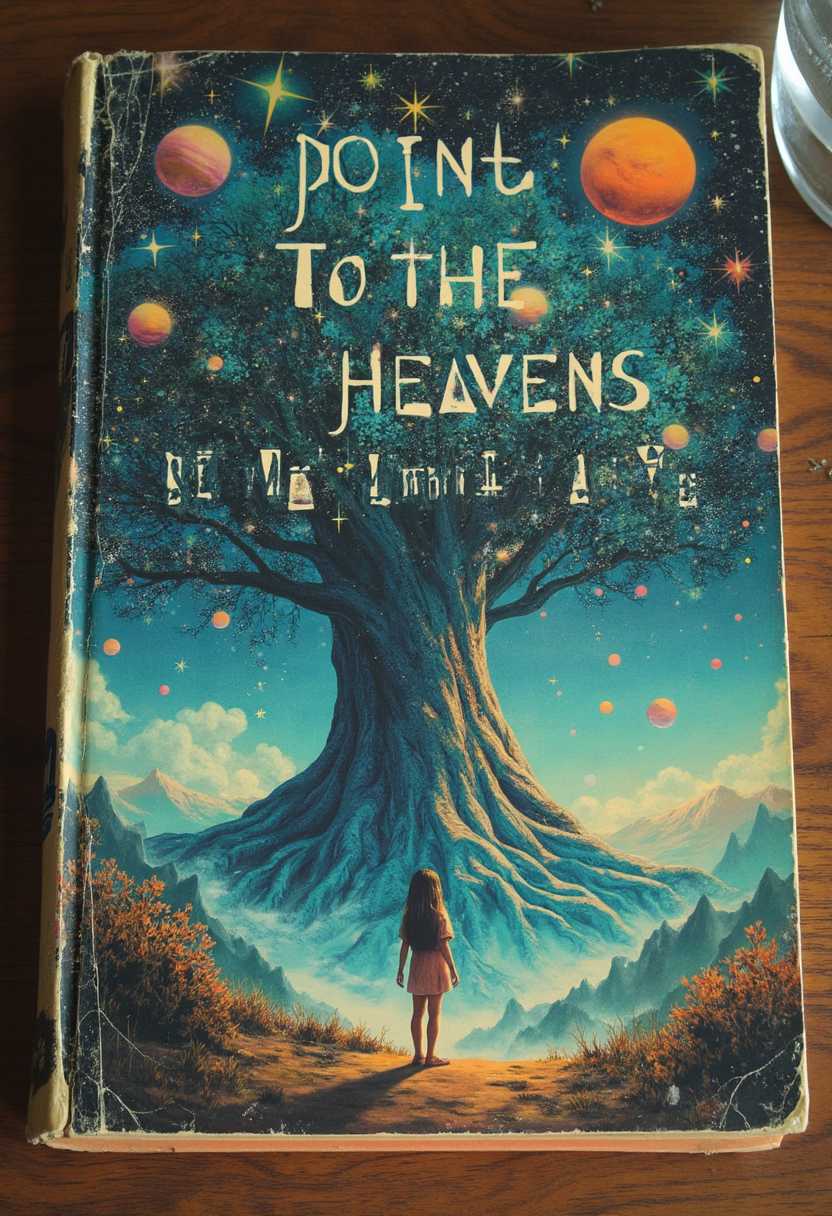 the book "Point to the Heavens" on a table with a detailed cover imageA cover of a book from the 1960's with a faded cover that is worn on the edges. . The title text "POINT TO THE HEAVENS" is prominently displayed along the top in bold, retro-futuristic typography.  At the bottom of the book is the text "By Maxine Luffschiff".  A surreal intersection of universes, where the intricate 19-dimensional manifolds of the infinite converge into an exquisite mélange of colors, landscapes, galaxies, and planets. At the heart of this otherworldly scene, a colossal, ancient tree with gnarled roots and sprawling branches dominates the landscape, its bark a tapestry of luminous hues. The sky above is an awe-inspiring expanse filled with dozens of enormous planets and radiant stars, each glowing with its own unique brilliance. In the foreground, the silhouette of a girl stands in contemplative stillness, her form softly illuminated by the celestial light. The atmosphere is magical and ethereal, with iridescent mists swirling around the intersection of dimensions. **Artistic Style**: Surrealism merged with cosmic fantasy, with elements of impressionistic color use. **Composition**: The giant tree takes center stage, its scale dwarfing everything else. The silhouette of the girl stands in the lower third of the frame, creating a sense of wonder and scale. The sky and celestial bodies dominate the upper two-thirds, creating a balance between the earthly and the cosmic. **Mood and Atmosphere**: The mood is awe-inspiring and mystical, evoking a sense of the grand and the infinite. The time seems