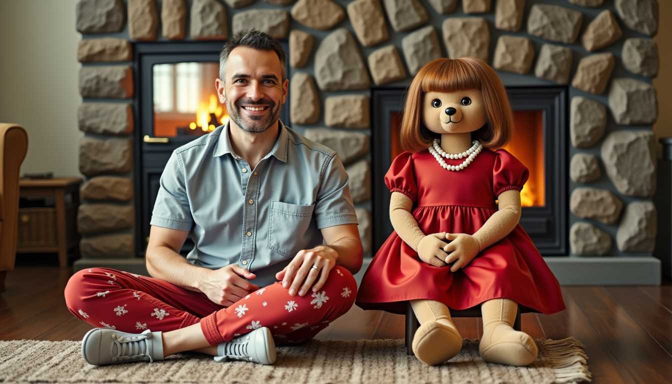 This image depicts a cozy indoor scene with a focus on a man and a 6 feet tall doll. The doll and the man are both sitting crosslegged on the floor next to each other. The setting appears to be a living room with a traditional stone fireplace in the background, where a fire is burning, The man in the image is wearing a light grey shortsleeved shirt with a buttonup front and red pants with a floral pattern. They have a relaxed posture, with one arm resting on their knee and the other hanging loosely by their side. The man's hair is short and neatly styled, and he has a friendly smile.The doll has an attractive humanlike shape with teddy bear hands and head with an attractively styled human wig, and is positioned next to the man. The doll is dressed in a red satin dress with a white collar and a string of pearls around its neck. The dolls hair is styled in a bob cut with bangs, and it has a simple, contented expression. The dolls hands are gently resting on its knees, mirroring the pose of the person.