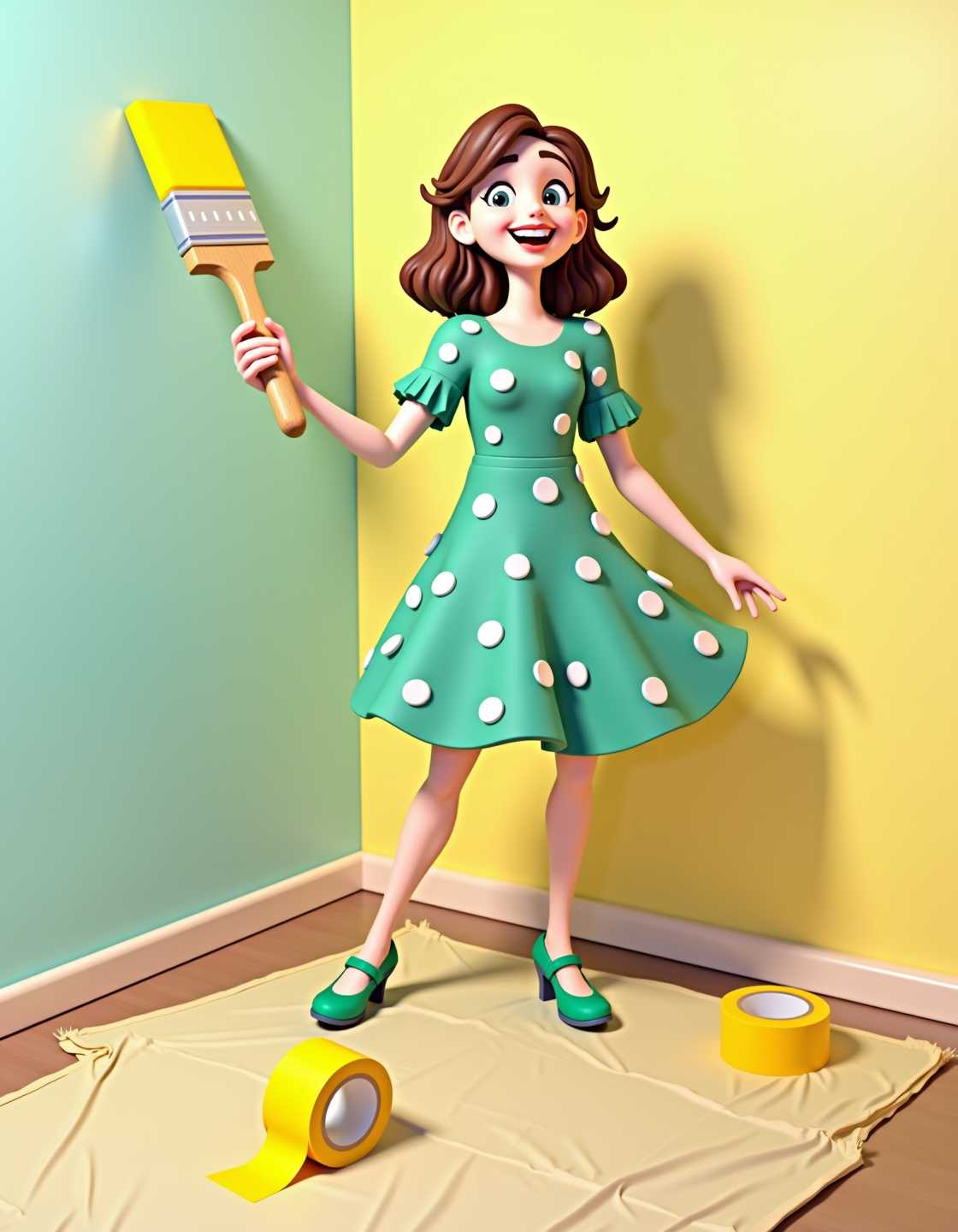This image is a 3D rendered illustration, characterized by its clean lines and smooth surfaces. The art style is cartoonish with a touch of whimsy, as evidenced by the exaggerated proportions of the character and the oversized paintbrush in her hand.The medium appears to be a digital painting, created using 3D modeling software that allows for the manipulation of light and shadow to give the scene a realistic appearance. The lighting in the image is soft and diffused, casting gentle shadows that contour the objects and the characters form.The color palette is bright and cheerful, with a predominance of yellows and greens that create a lively and inviting atmosphere. The walls are painted in a soft pastel blue and a sunny yellow, which contrasts nicely with the characters teal dress adorned with white polka dots. The floor is a warm beige, providing a neutral backdrop that allows the vivid colors of the walls and the characters clothing to stand out.In the foreground, there are two rolls of painters tape, one lying flat and the other coiled, both in a bright yellow hue that matches the walls. These objects are placed on a beige drop cloth, which covers the floor and protects it from paint splatters. The characters pose is dynamic, with one foot slightly lifted as if she is in the midst of painting, and her other hand is extended outward, as if gesturing or perhaps indicating the direction she is painting.Overall, the image exudes a sense of energy and creativity, capturing the moment of a home improvement project in a playful and imaginative way.