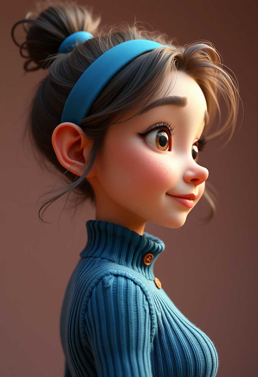 This image is a digital illustration that showcases a stylized character profile. The art style is reminiscent of a caricature with a touch of surrealism, as the proportions of the character are exaggerated for a whimsical effect. The medium appears to be a 3D rendering, given the smooth texture and lighting, as well as the subtle shadows and highlights that give the character a threedimensional form.The character is wearing a blue, highneck sweater with a ribbed texture and button details. The sweaters texture is rendered with a realistic knit pattern, and the buttons are depicted with a slight sheen, indicating a fabric material. The sweaters color is a deep, rich blue that stands out against the characters skin tone.The hair of the character is styled in a bun on the right side of the head, secured with a blue headband that matches the sweater. The hair is rendered with a soft, curly texture, and the strands are individually modeled to create volume and movement. The headband is a simple, flat band with a slight curve, and it is positioned just above the bun, adding a pop of color to the composition.The characters skin is a light, almost translucent tone with a subtle blush on the cheeks and a hint of freckling. The skin texture is smooth with a softness that is emphasized by the gentle lighting. The lighting in the image is warm and diffused, casting a soft glow on the characters face and highlighting the contours of the neck and shoulders.The background is a muted, maroon color that fades into a darker tone at the edges, creating a sense of depth and focusing the viewers attention on the character. The backgrounds texture is subtly rough, giving it a slightly aged appearance that complements the characters youthful and whimsical style.Overall, the image exudes a sense of warmth, friendliness, and playfulness, with its soft lighting, gentle textures, and charming character design. The use of color is restrained yet impactful, with the blue of the sweater and headband providing a cool contrast to the warm tones of the skin and background.