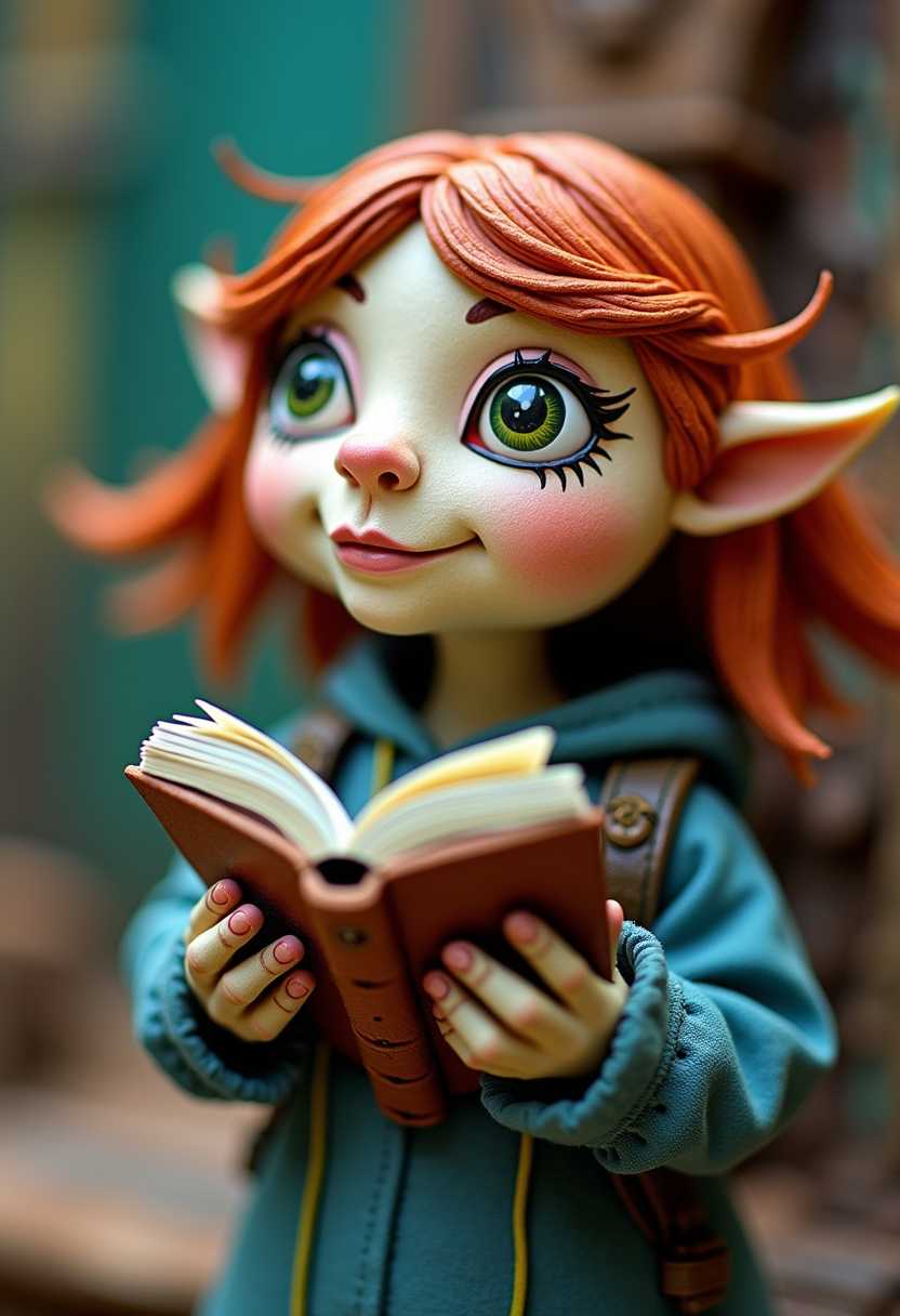 This image features a closeup of a threedimensional character, likely a puppet or a figurine, with a distinctively stylized appearance. The character is holding a book with visible pages, suggesting a moment of reading or perhaps contemplation.The art style is reminiscent of stopmotion animation or claymation, with a focus on textural details and a somewhat surreal, whimsical aesthetic. The medium appears to be a combination of clay or a similar modeling compound, with painted details that give the character a lifelike quality.The colors are vibrant and varied, with a predominance of blues and greens in the clothing, which gives the character a somewhat otherworldly or fantastical vibe. The red hair stands out against the cooler tones of the clothing and background, drawing the eye and adding a pop of color to the composition.The characters facial features are exaggerated, with large, expressive eyes and a small, delicate mouth, which contribute to the overall whimsical and endearing quality of the piece. The hands, holding the book, are detailed with visible brush strokes and a realistic touch, despite the fantastical nature of the character.In the background, there is a blurred array of colors that suggest a setting with a variety of hues, but the focus remains on the character and the book it is holding. The lighting in the image is soft and diffused, highlighting the character and casting subtle shadows that give depth to the composition.Overall, the image evokes a sense of creativity, imagination, and the joy of storytelling, captured in a moment of quiet contemplation.