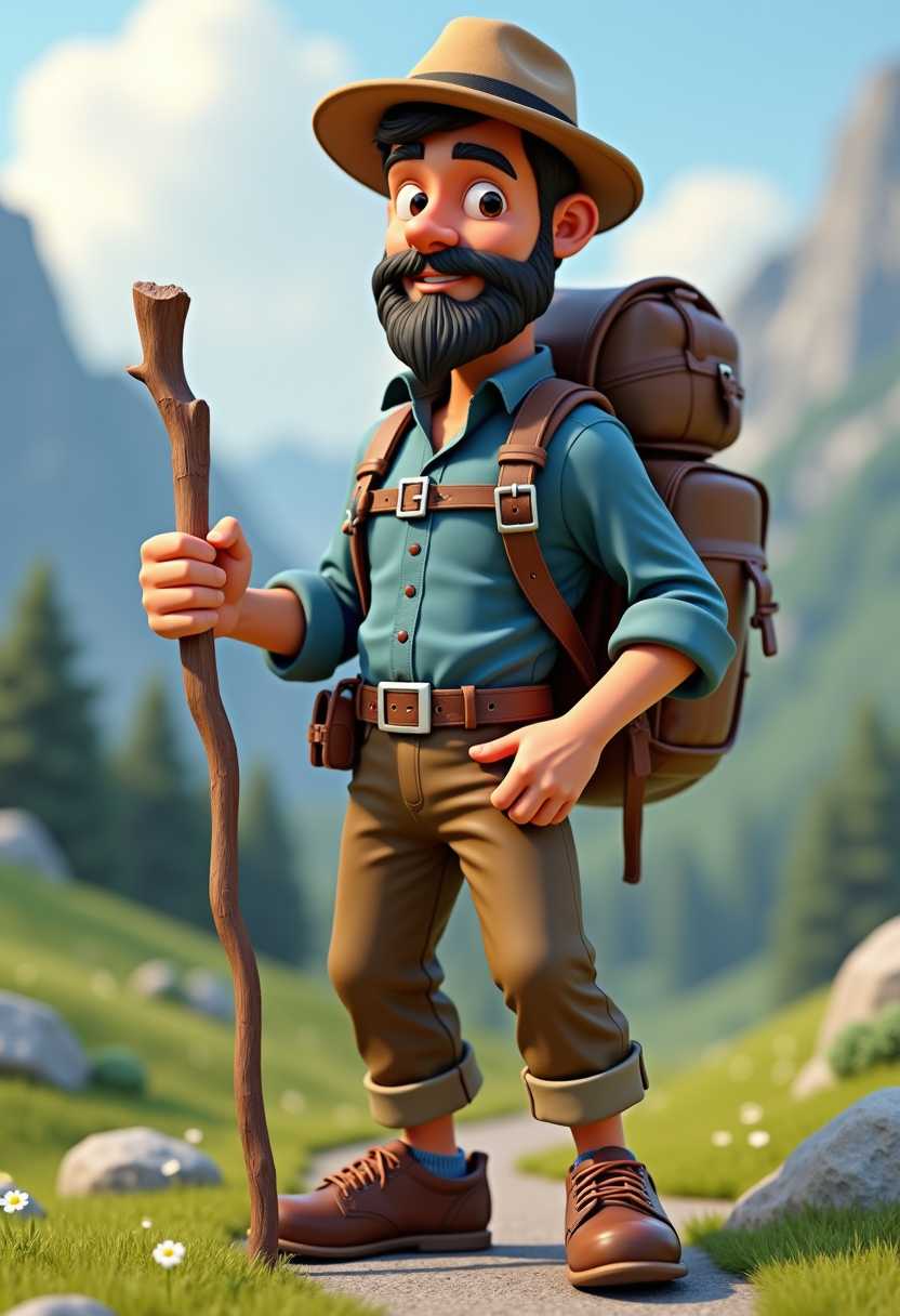This image is a 3D rendered character that appears to be a stylized, cartoonish representation of a hiker or explorer. The character is wearing a blue shirt with rolledup sleeves, brown pants, and brown shoes. The pants are rolled up at the ankle, suggesting readiness for outdoor activity. The character is also wearing a belt with a buckle, and a backpack that is rolled up, indicating it might contain maps or other travel essentials.The character is holding a walking stick in its right hand, which is bent in a way that suggests it has been used. The walking stick has a natural, organic shape, which contrasts with the more geometric and stylized design of the character.The character has a beard and is wearing a hat, which is tucked into the backpack. The hat is brown, matching the pants and shoes, and has a brim that is slightly curved.The art style of the character is quite detailed and realistic, with smooth surfaces and defined textures. The lighting in the image is soft and diffused, casting gentle shadows that give the character depth and dimension. The colors in the image are warm and earthy, with browns, blues, and grays dominating the palette. The overall mood of the image is one of adventure and exploration, emphasized by the characters preparedness and the natural, outdoor setting. Swiss alps setting. Greeen fields, snowy mountain background.
