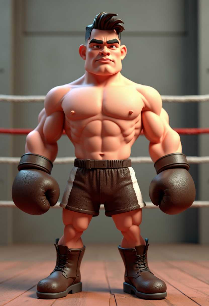 This image features a threedimensional, stylized character that appears to be a digital rendering. The character is a humanoid figure with exaggerated proportions, standing upright with a confident posture. The art style is cartoonish with a touch of realism, evident in the smooth skin texture and the defined musculature of the figure.The medium used to create this image is likely a 3D modeling software, given the clean lines and the threedimensional form of the character. The lighting in the image is soft and diffused, casting gentle shadows that give depth to the figures form.The color palette is muted with a focus on earthy tones. The characters skin is a light pink, while the shorts are a dark brown with a white stripe down the side. The boots are a dark brown, matching the shorts, and the gloves are a textured, dark brown, which adds to the realism of the characters outfit.The background is nondescript, with a blurred, neutraltoned wall that doesnt detract from the main subject. The focus is entirely on the character, who stands out prominently against the background.The characters right hand is raised, with the glove open, as if ready to engage in an activity, possibly boxing, given the gloves. The left hand is by the side, relaxed but also ready for action. The characters facial expression is one of determination and readiness, with a furrowed brow and a firm mouth, which complements the overall theme of the image. Boxing stadium background.