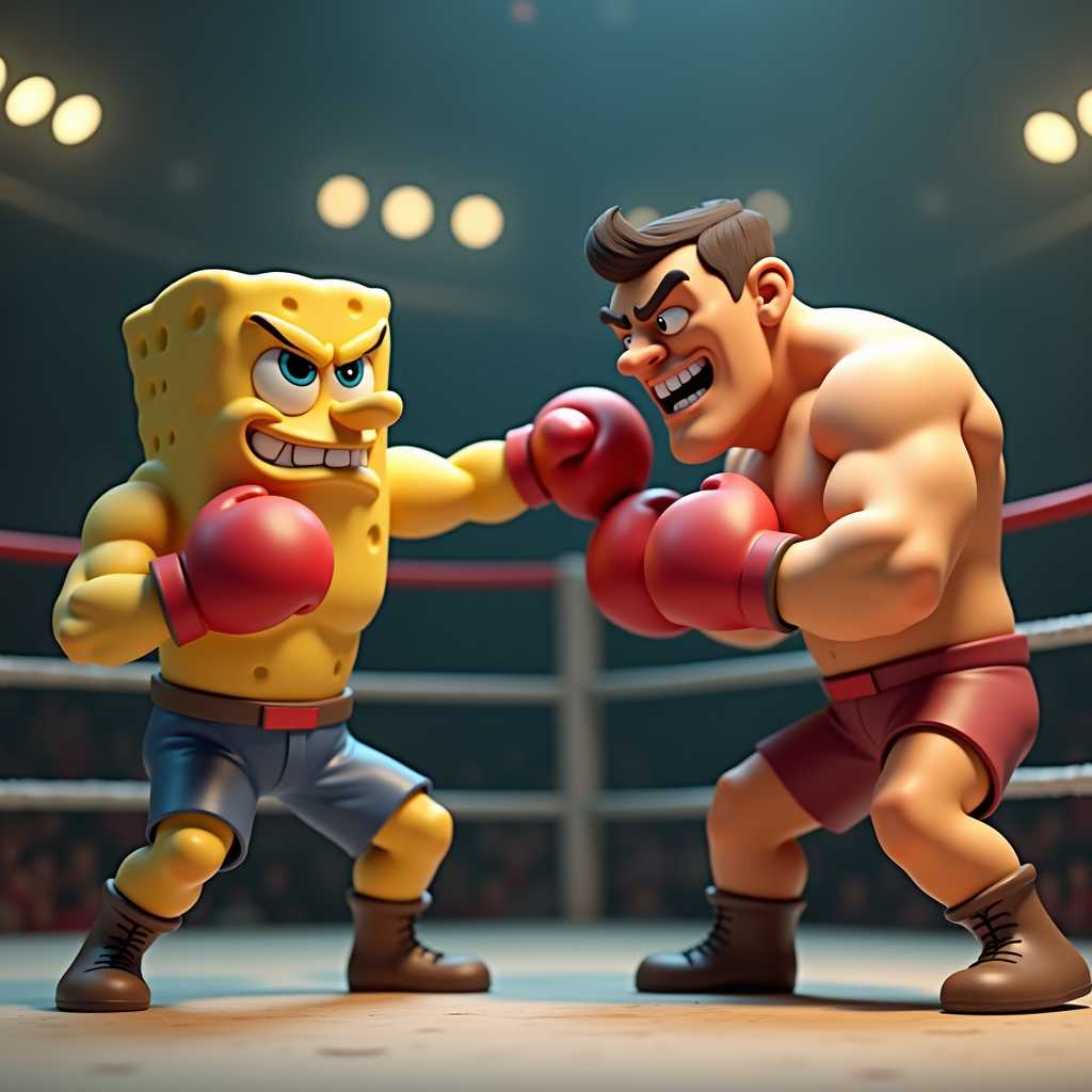 This image features 2 threedimensional, stylized characters that appears to be a digital rendering. One character is a humanoid boxing figure with exaggerated proportions, punching his opponent with confident posture. His opponent is a character resembling Spongebob Squarepants. The art style is cartoonish with a touch of realism, evident in the smooth skin texture and the defined musculature of the figures.The medium used to create this image is likely a 3D modeling software, given the clean lines and the threedimensional form of the characters. The lighting in the image is soft and diffused, casting gentle shadows that give depth to the figures form.The color palette is muted with a focus on earthy tones. The focus is entirely on the characters, who stands out prominently against the background.The characters are engage in a fierce fighting competition, most probably boxing, given the gloves. The characters facial expression are ones of determination and readiness, with furrowed brows and a firm mouths, which complements the overall theme of the image. Boxing stadium background.