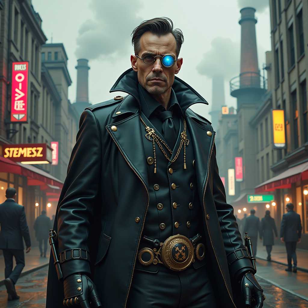 Steampunk and cyberpunk hybrid villain, a master inventor with dark intentions. He has a monocle that displays augmented reality feeds, and his body is a fusion of steam-powered prosthetics and cybernetics, with gears visibly spinning under his dark leather coat. His voice is cold and metallic, the result of a voice box replacement. The environment is a grimy, neon-lit factory where massive mechanical constructs and cybernetic soldiers are forged under his control. The world is a blend of Victorian industrial architecture and futuristic dystopia, with smoke billowing from towering stacks alongside holographic advertisements.
