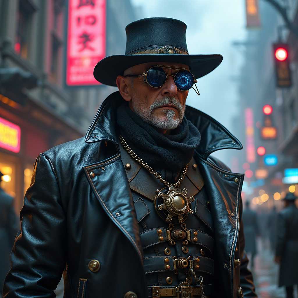 Steampunk and cyberpunk hybrid villain, a master inventor with dark intentions. He has a monocle that displays augmented reality feeds, and his body is a fusion of steam-powered prosthetics and cybernetics, with gears visibly spinning under his dark leather coat. His voice is cold and metallic, the result of a voice box replacement. The environment is a grimy, neon-lit factory where massive mechanical constructs and cybernetic soldiers are forged under his control. The world is a blend of Victorian industrial architecture and futuristic dystopia, with smoke billowing from towering stacks alongside holographic advertisements.
