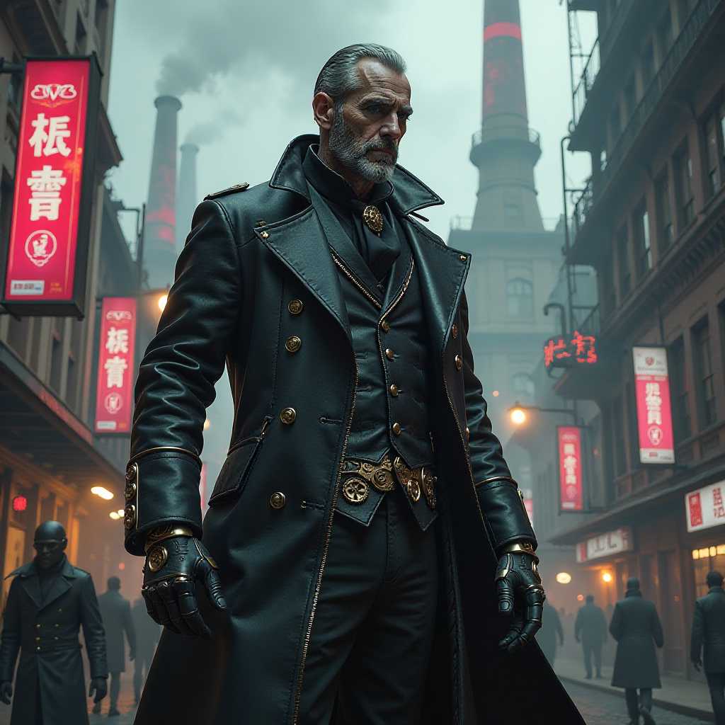 Steampunk and cyberpunk hybrid villain, a master inventor with dark intentions. He has a monocle that displays augmented reality feeds, and his body is a fusion of steam-powered prosthetics and cybernetics, with gears visibly spinning under his dark leather coat. His voice is cold and metallic, the result of a voice box replacement. The environment is a grimy, neon-lit factory where massive mechanical constructs and cybernetic soldiers are forged under his control. The world is a blend of Victorian industrial architecture and futuristic dystopia, with smoke billowing from towering stacks alongside holographic advertisements.
